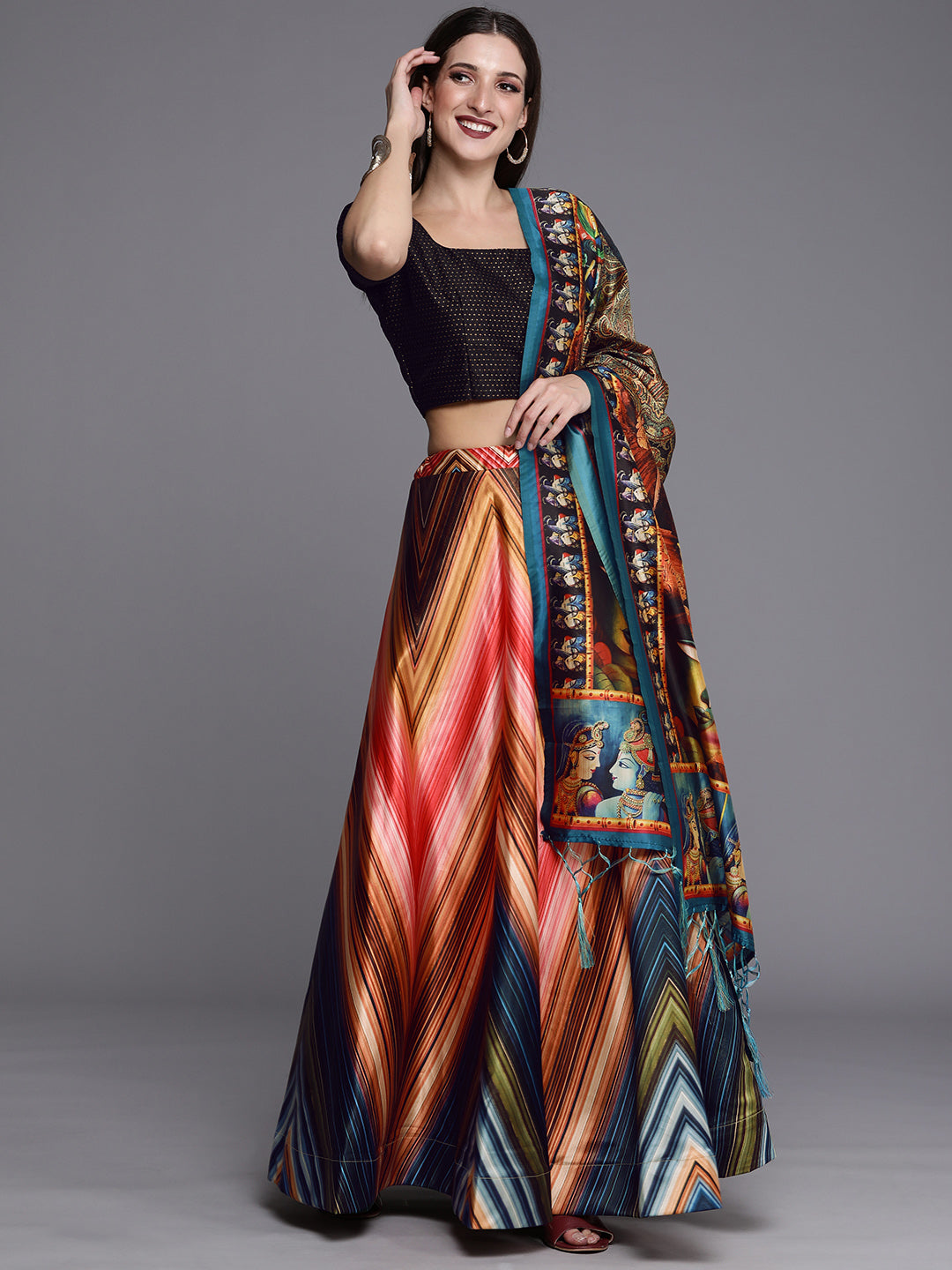 Women's Digital Print Shiney Satin Semistitched Lehenga Choli With Unstitched Blouse And Thred Work Dupatta