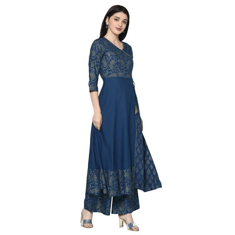 Women's Blue Rayon Foil print Angrakha Anarkali Kurta