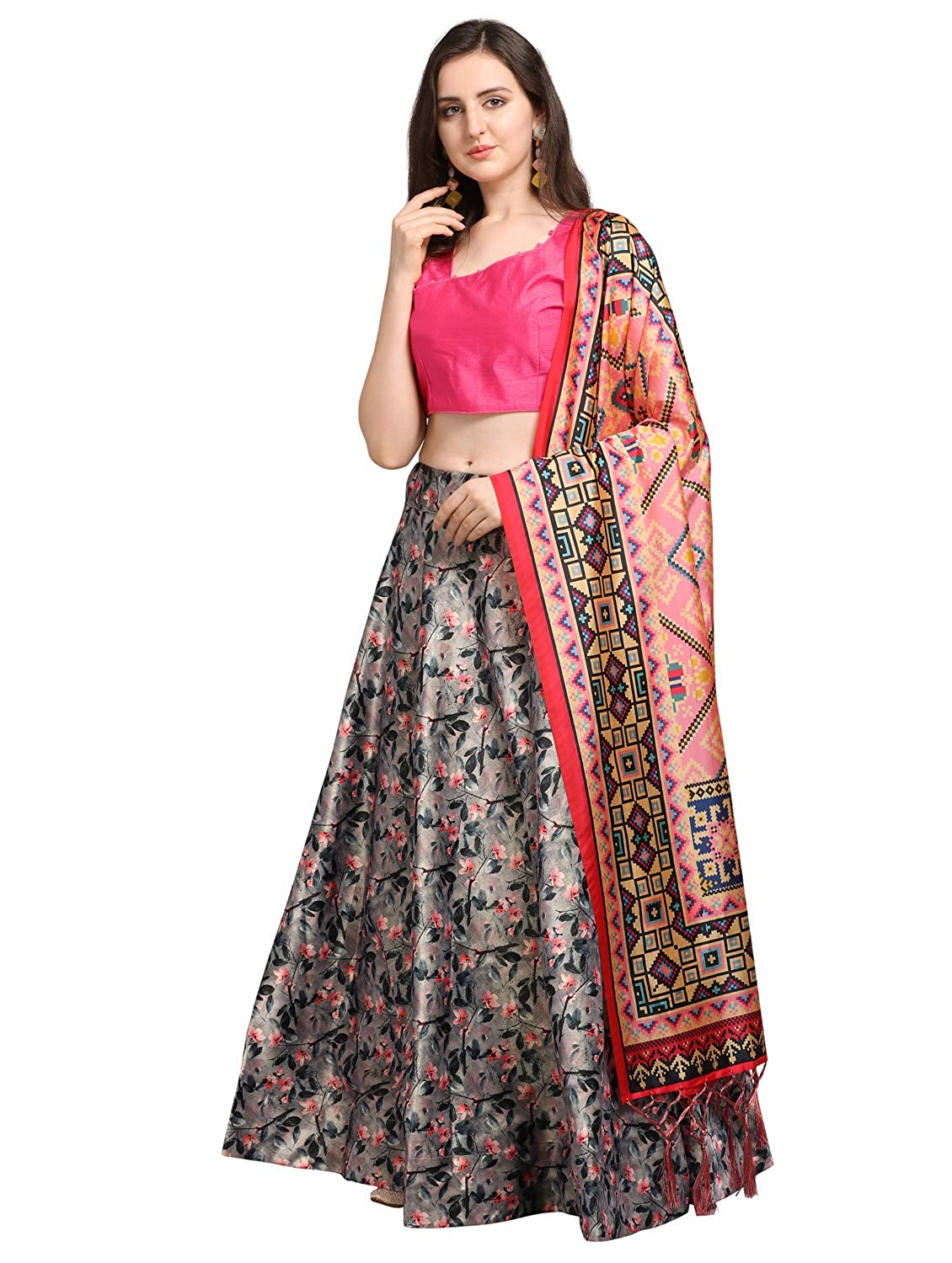 Women's Digital Print Shiney Satin Semistitched Lehenga Choli With Unstitched Blouse And Thred Work Dupatta