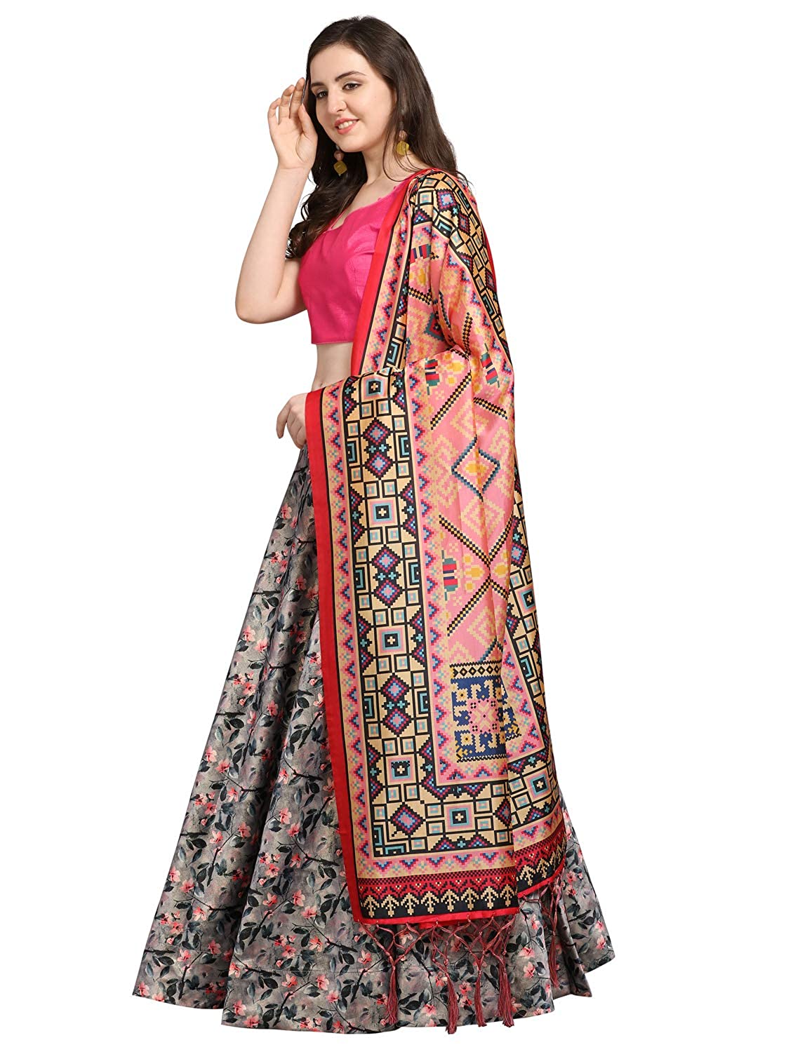 Women's Digital Print Shiney Satin Semistitched Lehenga Choli With Unstitched Blouse And Thred Work Dupatta