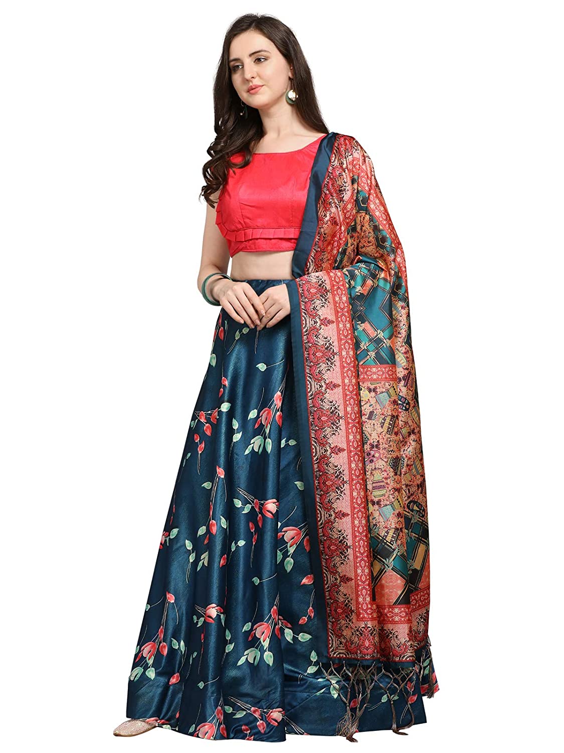 Women's Digital Print Shiney Satin Semistitched Lehenga Choli With Unstitched Blouse And Thred Work Dupatta