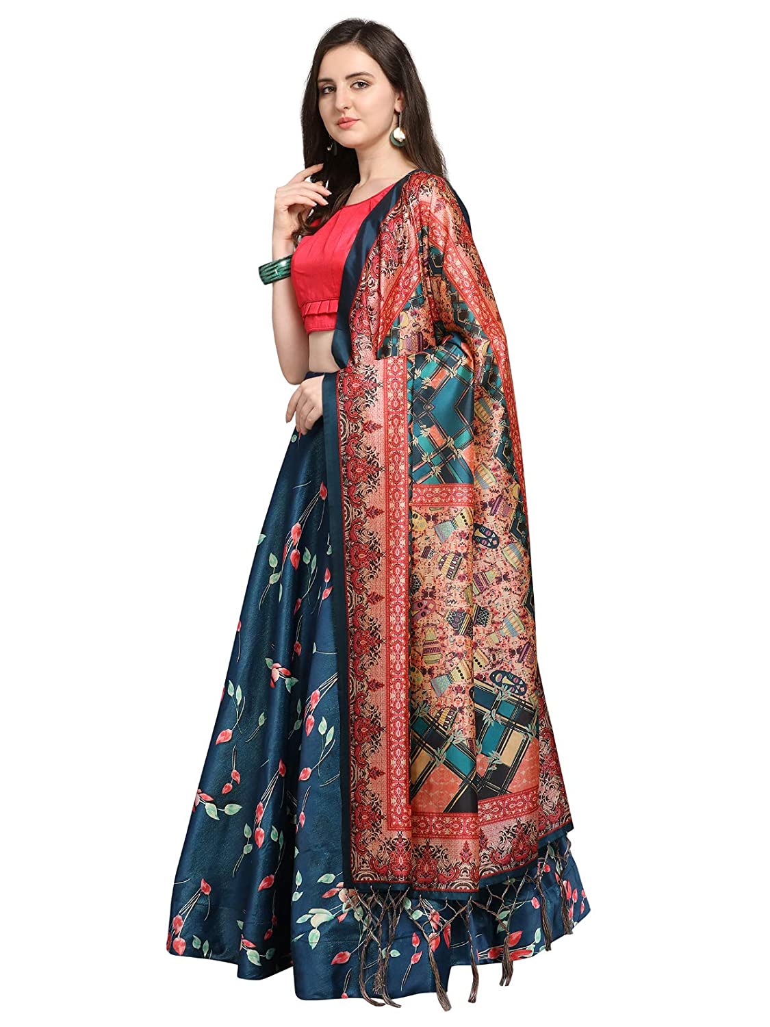 Women's Digital Print Shiney Satin Semistitched Lehenga Choli With Unstitched Blouse And Thred Work Dupatta