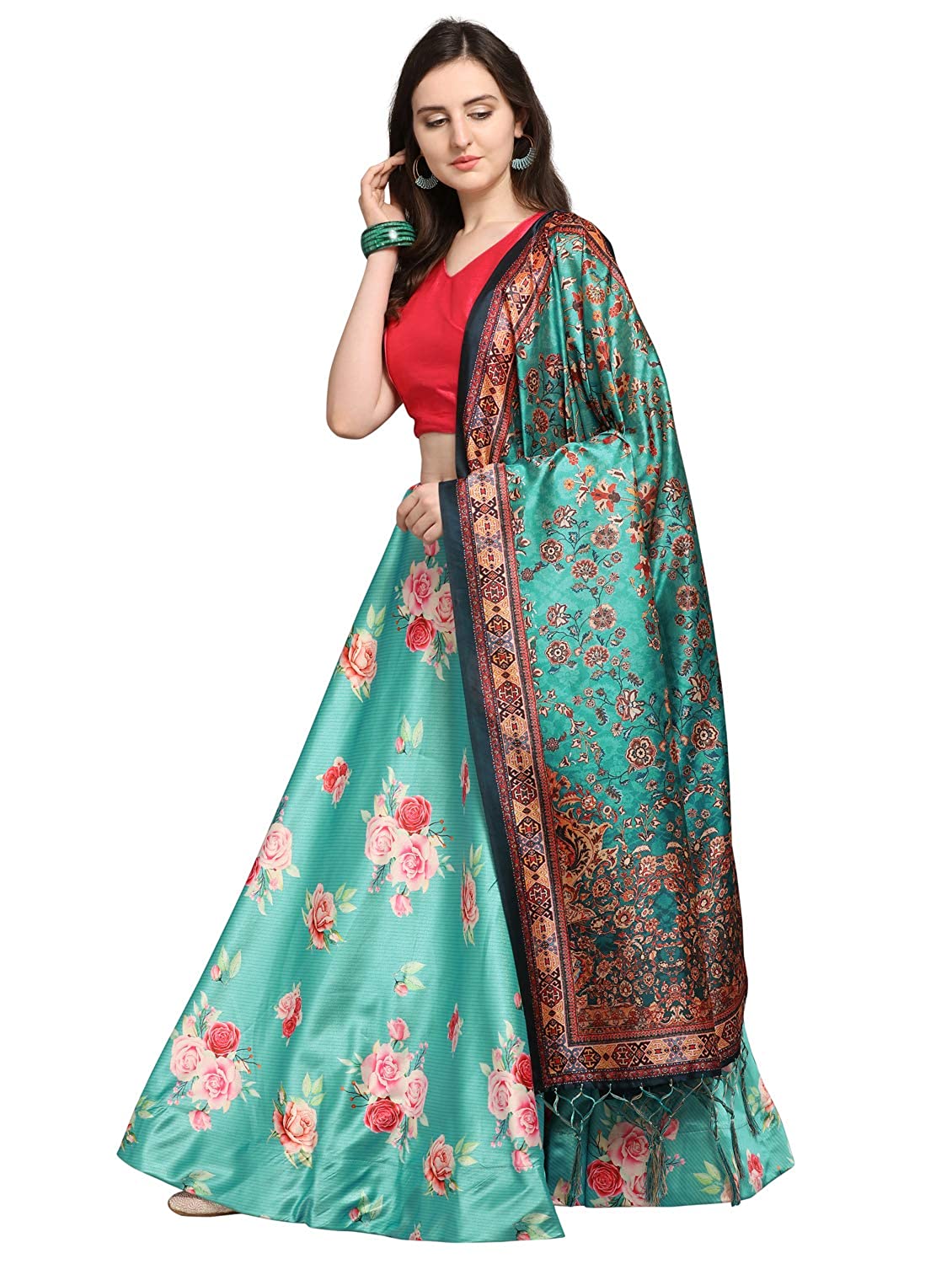 Women's Digital Print Shiney Satin Semistitched Lehenga Choli With Unstitched Blouse And Thred Work Dupatta