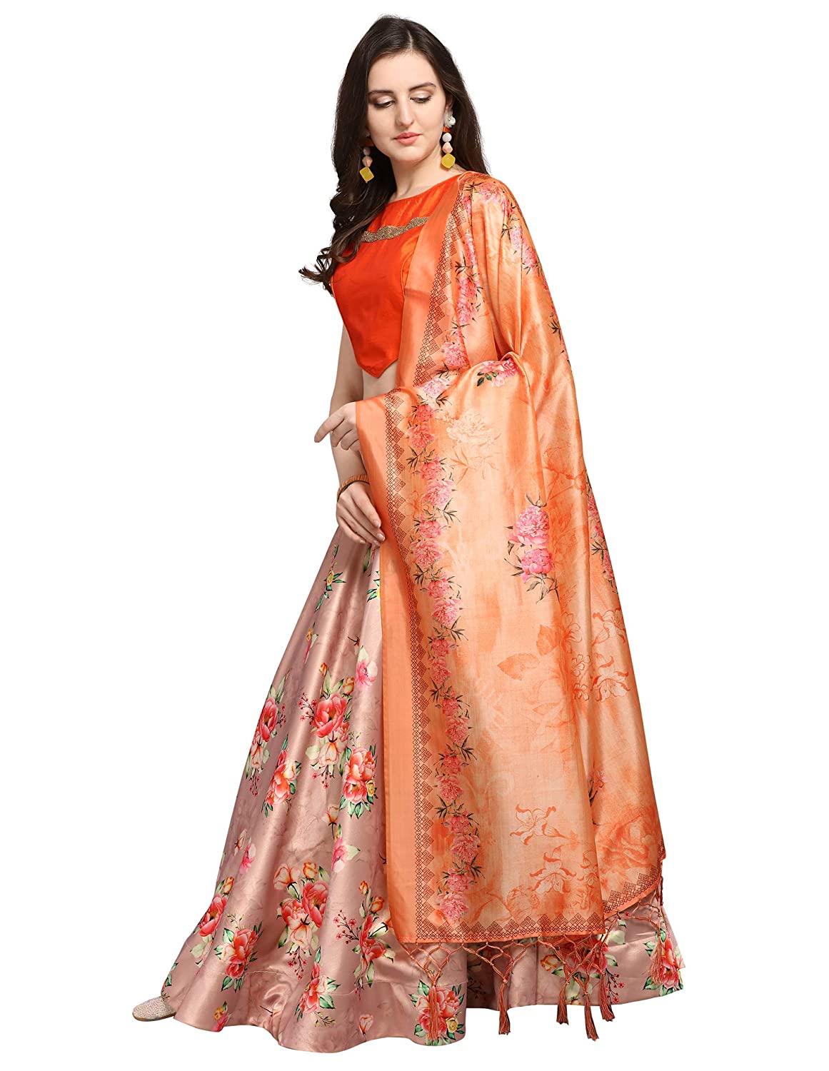 Women's Digital Print Shiney Satin Semistitched Lehenga Choli With Unstitched Blouse And Thred Work Dupatta