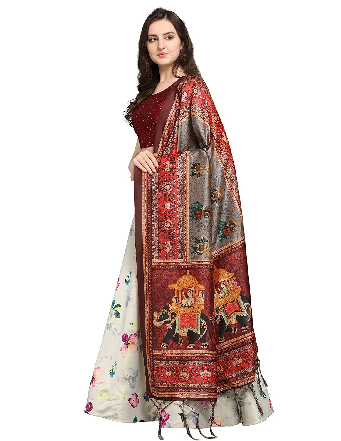 Women's Digital Print Shiney Satin Semistitched Lehenga Choli With Unstitched Blouse And Thred Work Dupatta