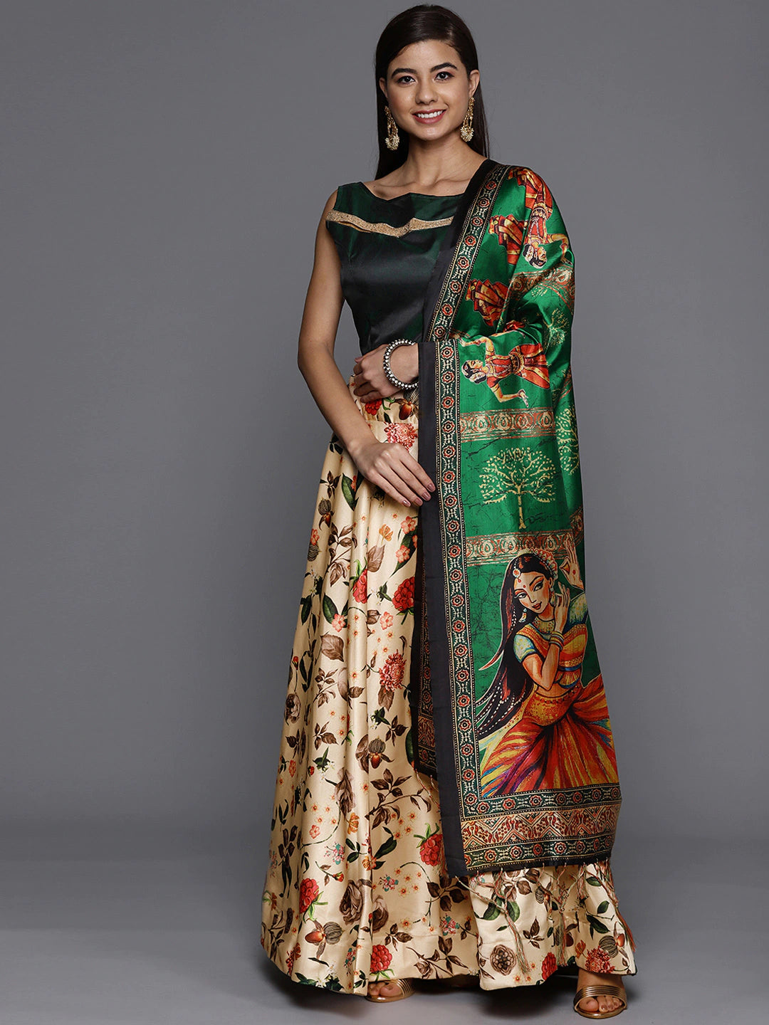 Women's Digital Print Shiney Satin Semistitched Lehenga Choli With Unstitched Blouse And Thred Work Dupatta