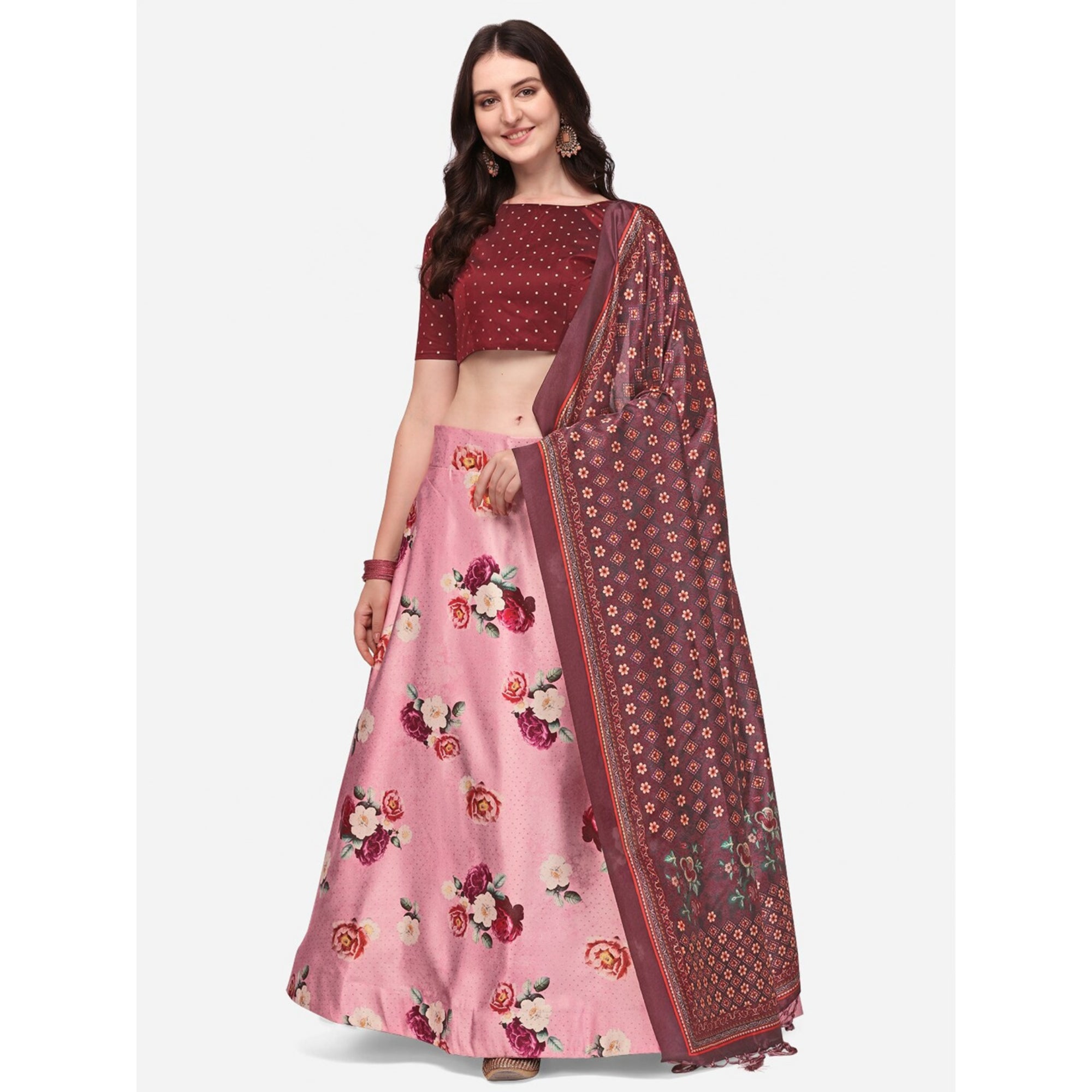 Women's Digital Print Shiney Satin Semistitched Lehenga Choli With Unstitched Blouse And Thred Work Dupatta
