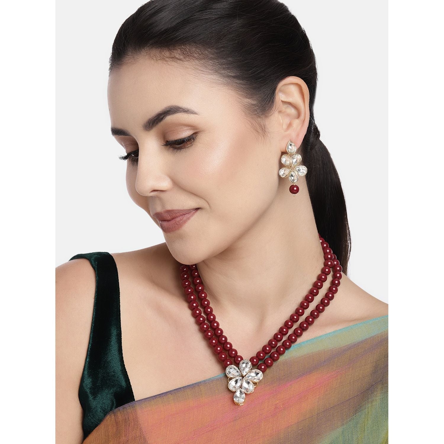 Women's 18k Gold Plated Traditional Kundan & Pearl Studded Necklace Jewellery Set