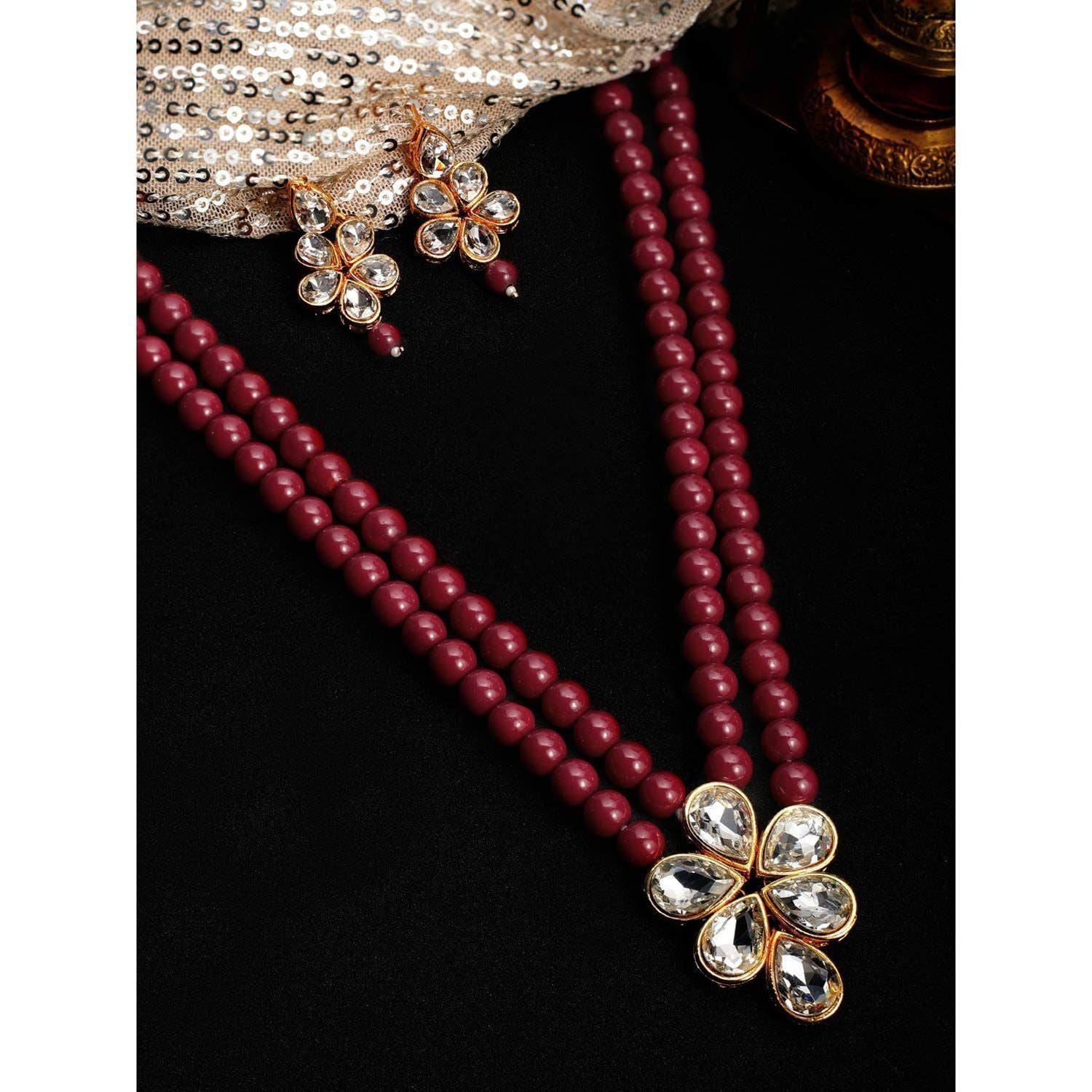 Women's 18k Gold Plated Traditional Kundan & Pearl Studded Necklace Jewellery Set