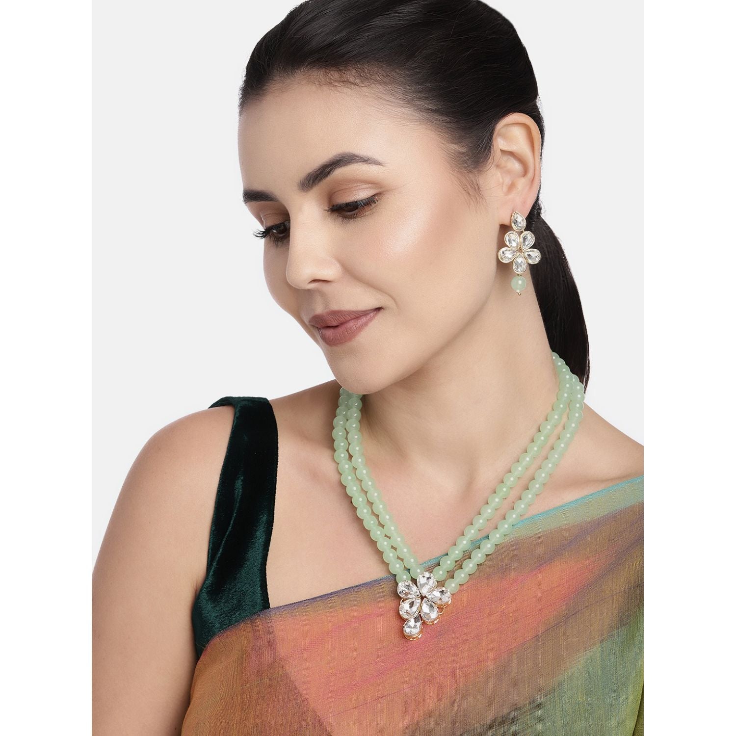 Women's 18k Gold Plated Traditional Kundan & Pearl Studded Necklace Jewellery Set