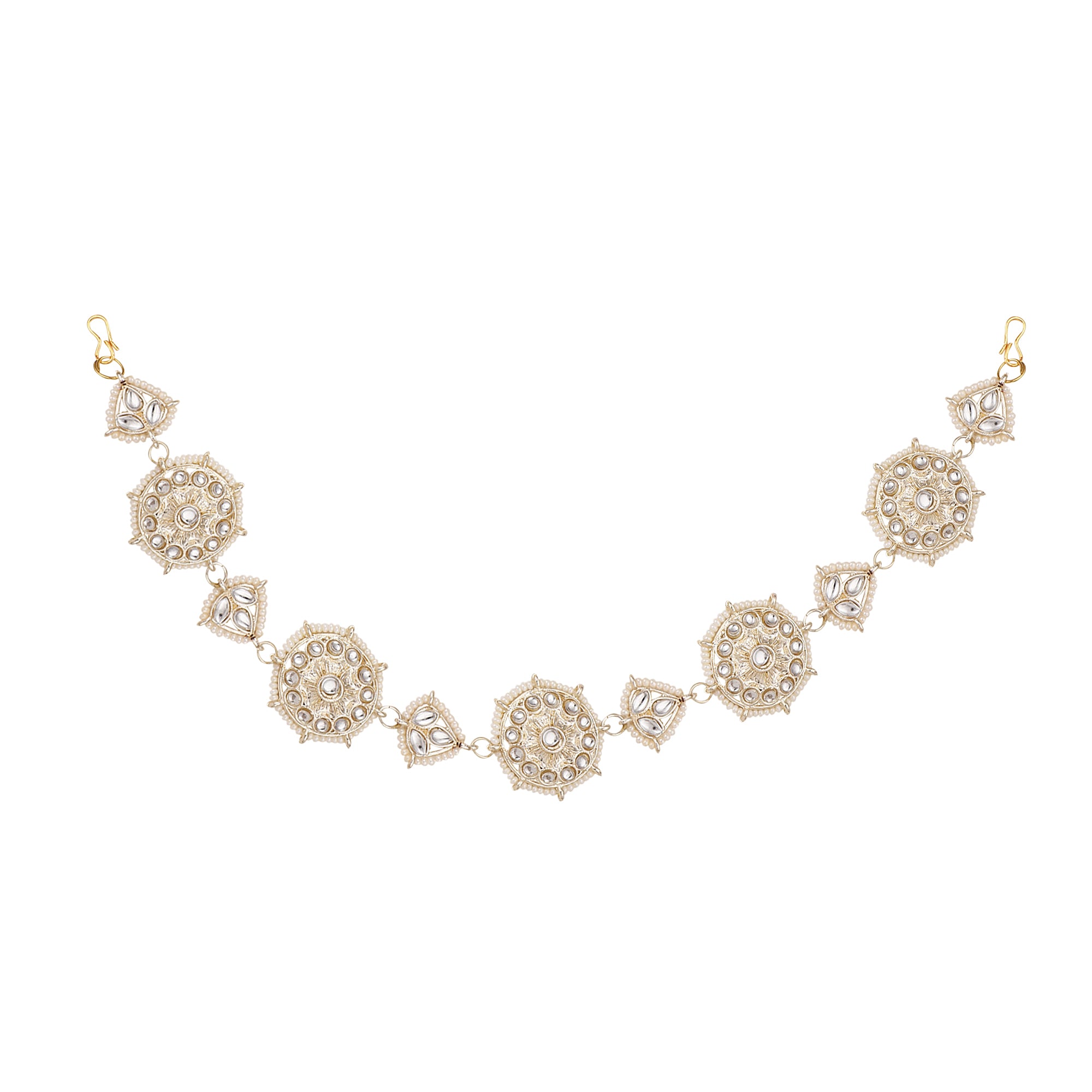 Women's/Girls Ethnic Gold Plated Round Shaped White Colored Pearl And  Kundan Studded Matha Patti
