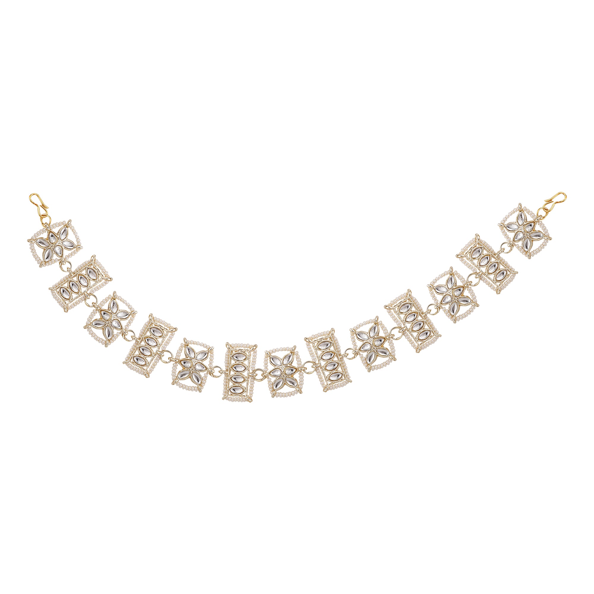 Women's/Girls Traditional Gold Plated Square Shaped White Colored Pearl And Kundan Studded Matha Patti