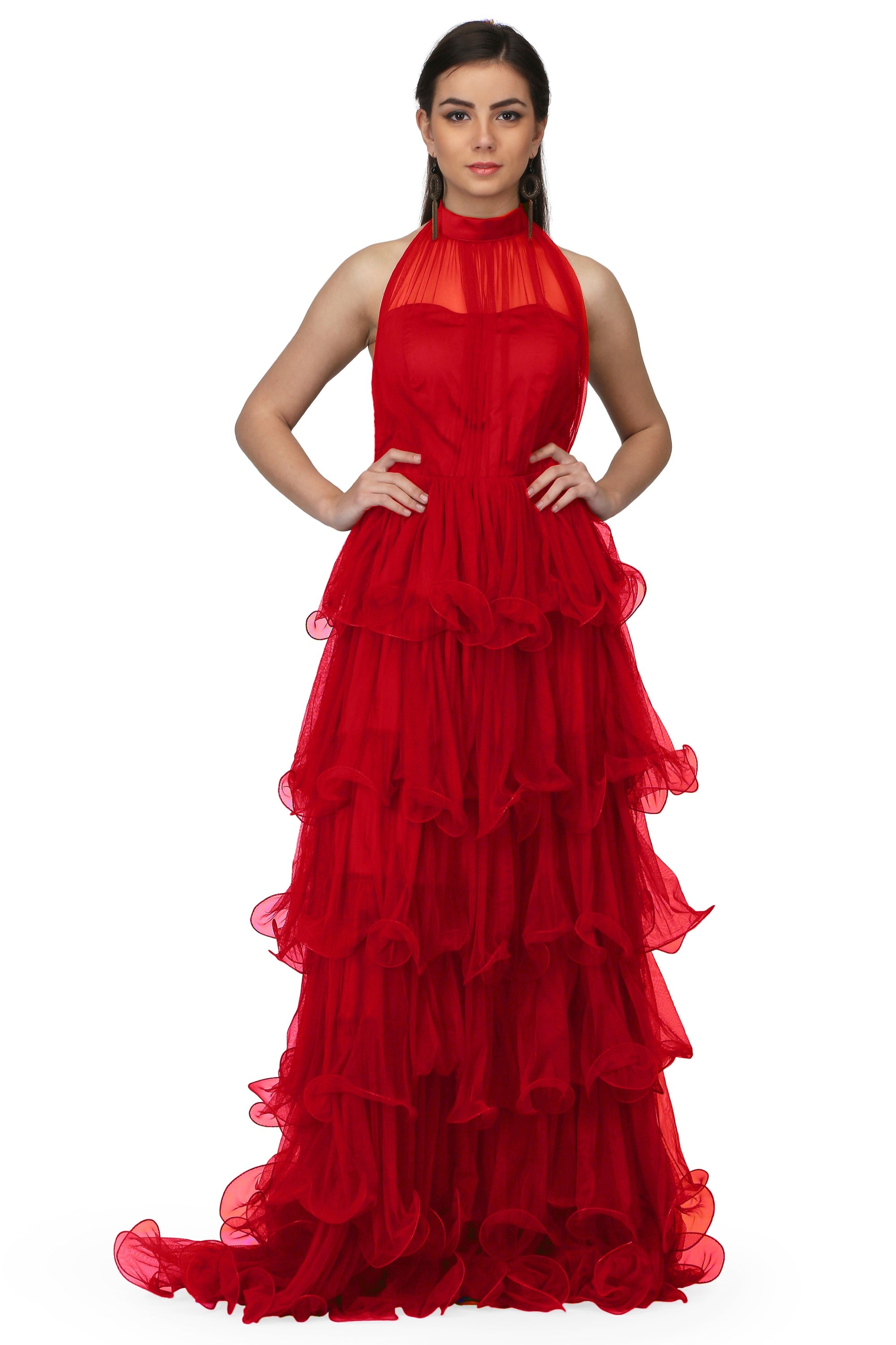 Women's Halter Neck Drape Net  Corset Gown In Red