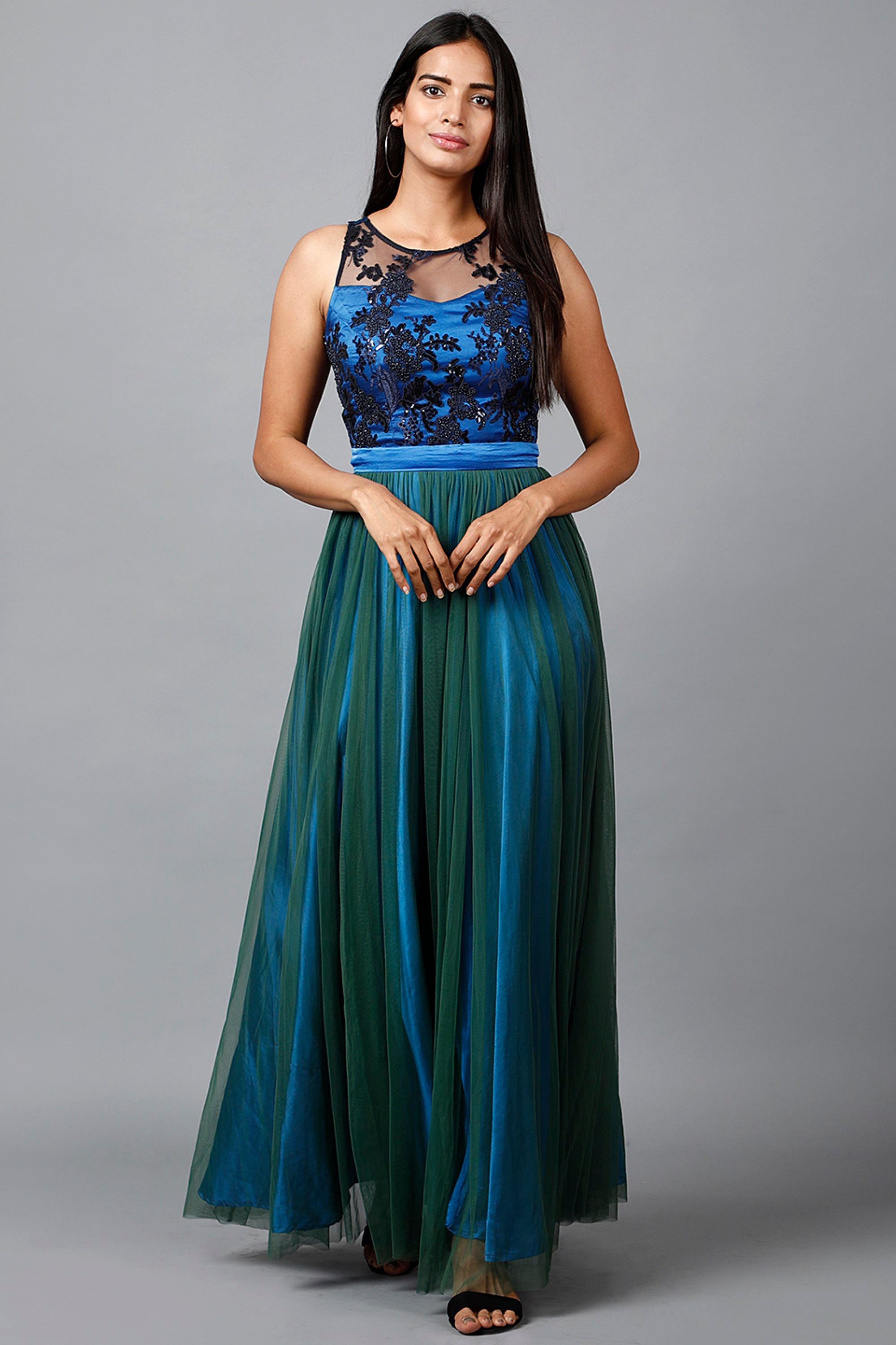 Women's Blue Green Net Gown