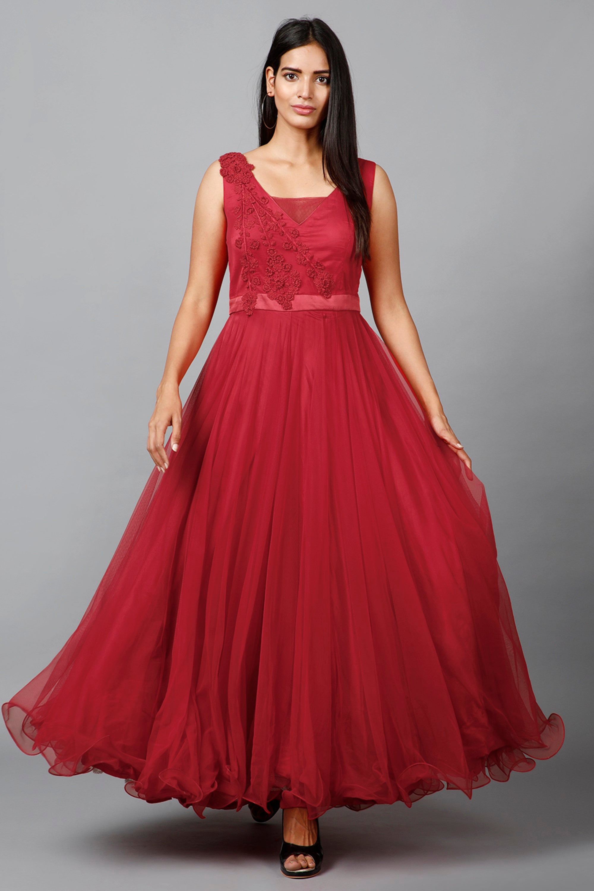 Women's Red Net Bridesmaid Embroidered Gown
