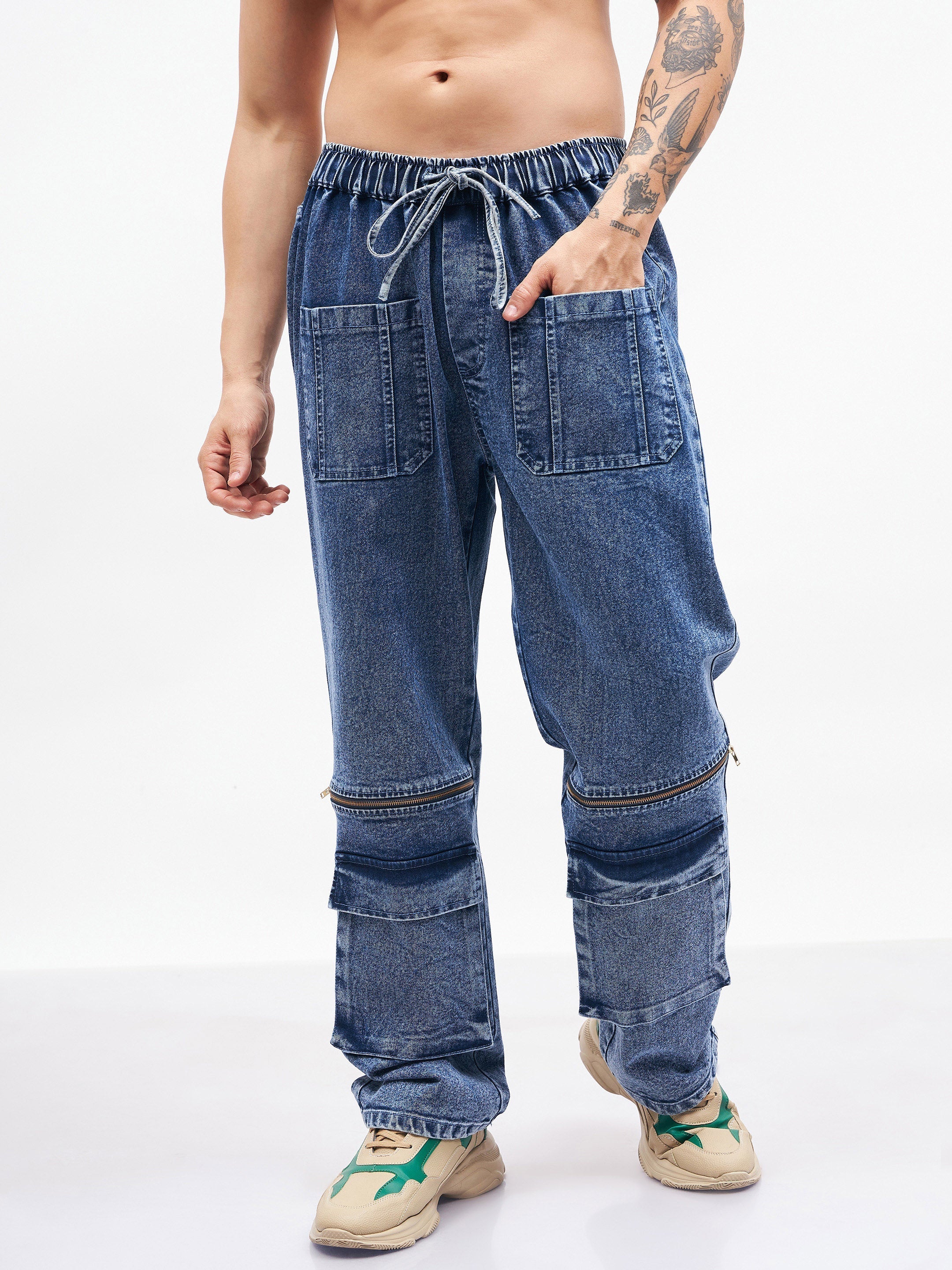 Men's Blue Front Zipper Baggy Fit Jeans