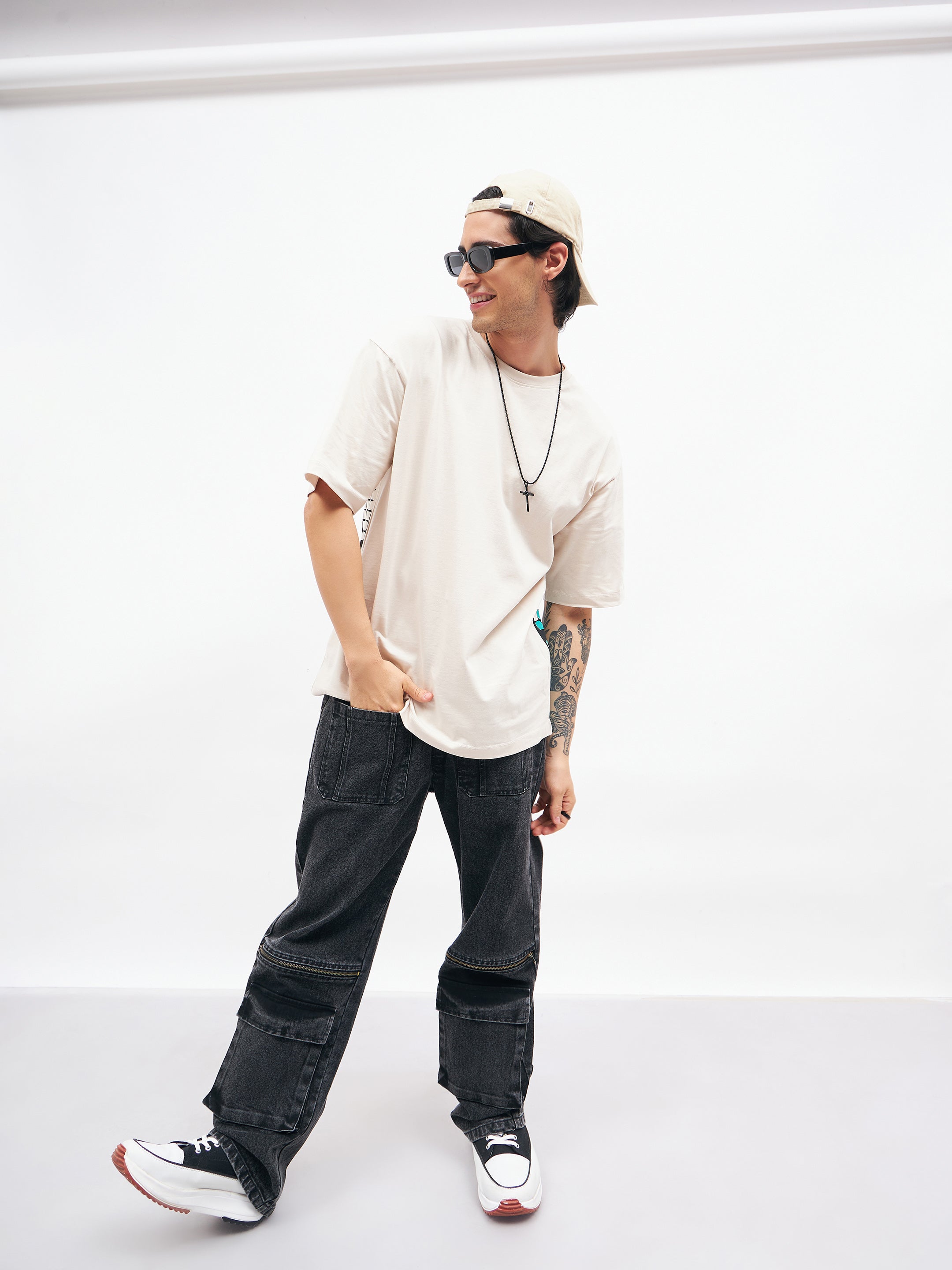 Men's Black Front Zipper Baggy Fit Jeans