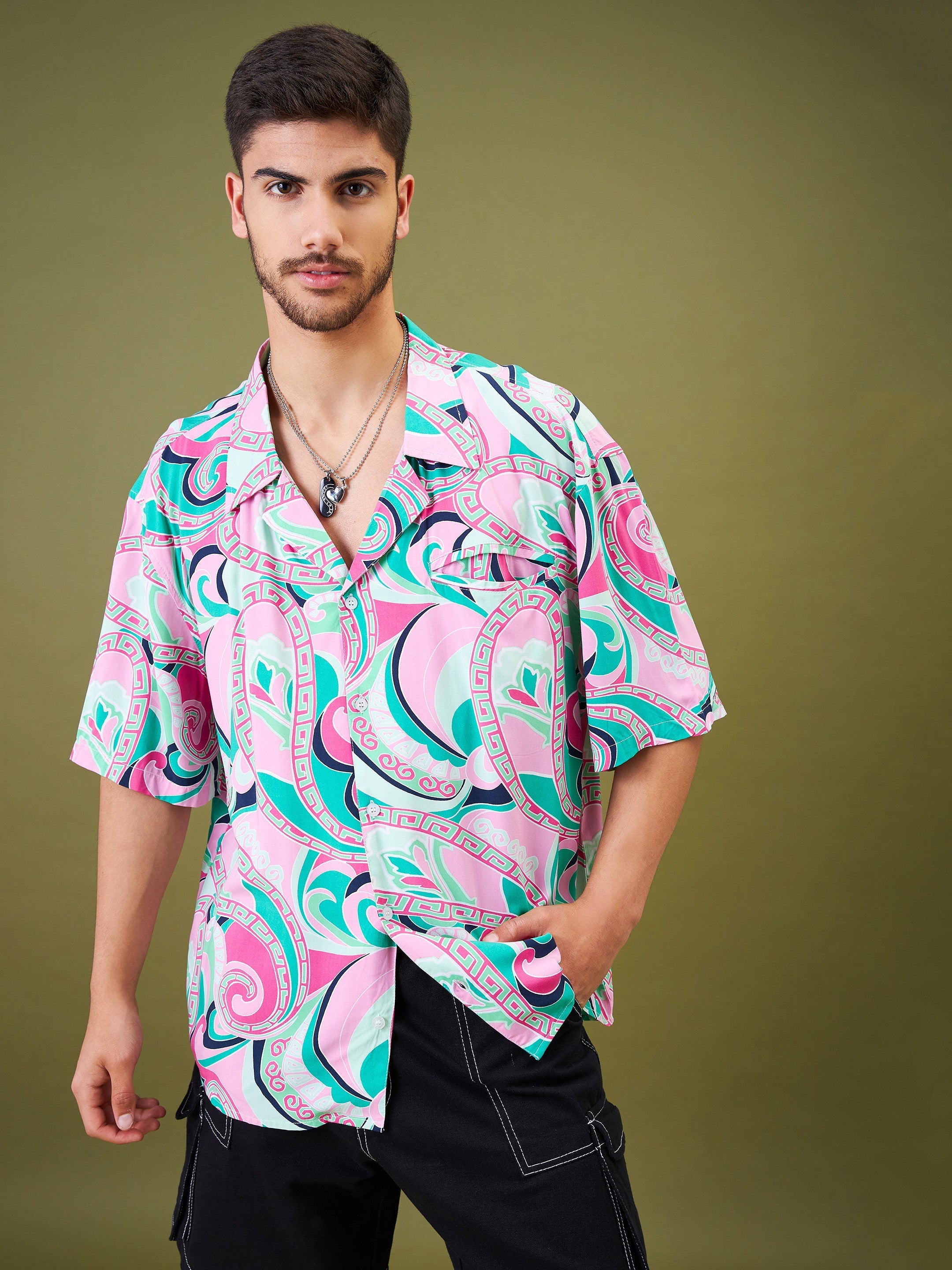 Men's Pink & Green Tropical Floral Oversized Shirt