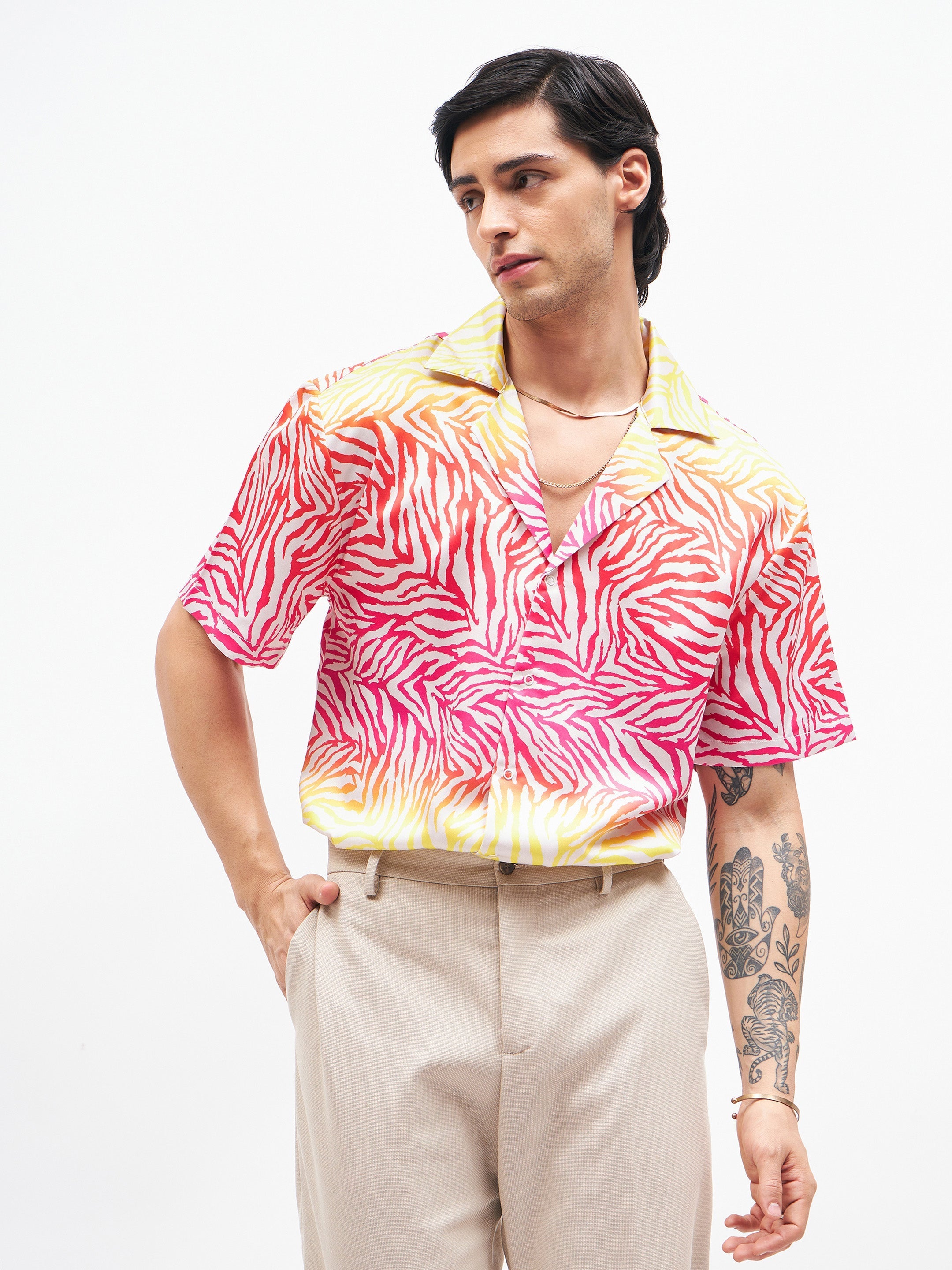 Men's Pink Zebra Short Sleeves Satin Shirt