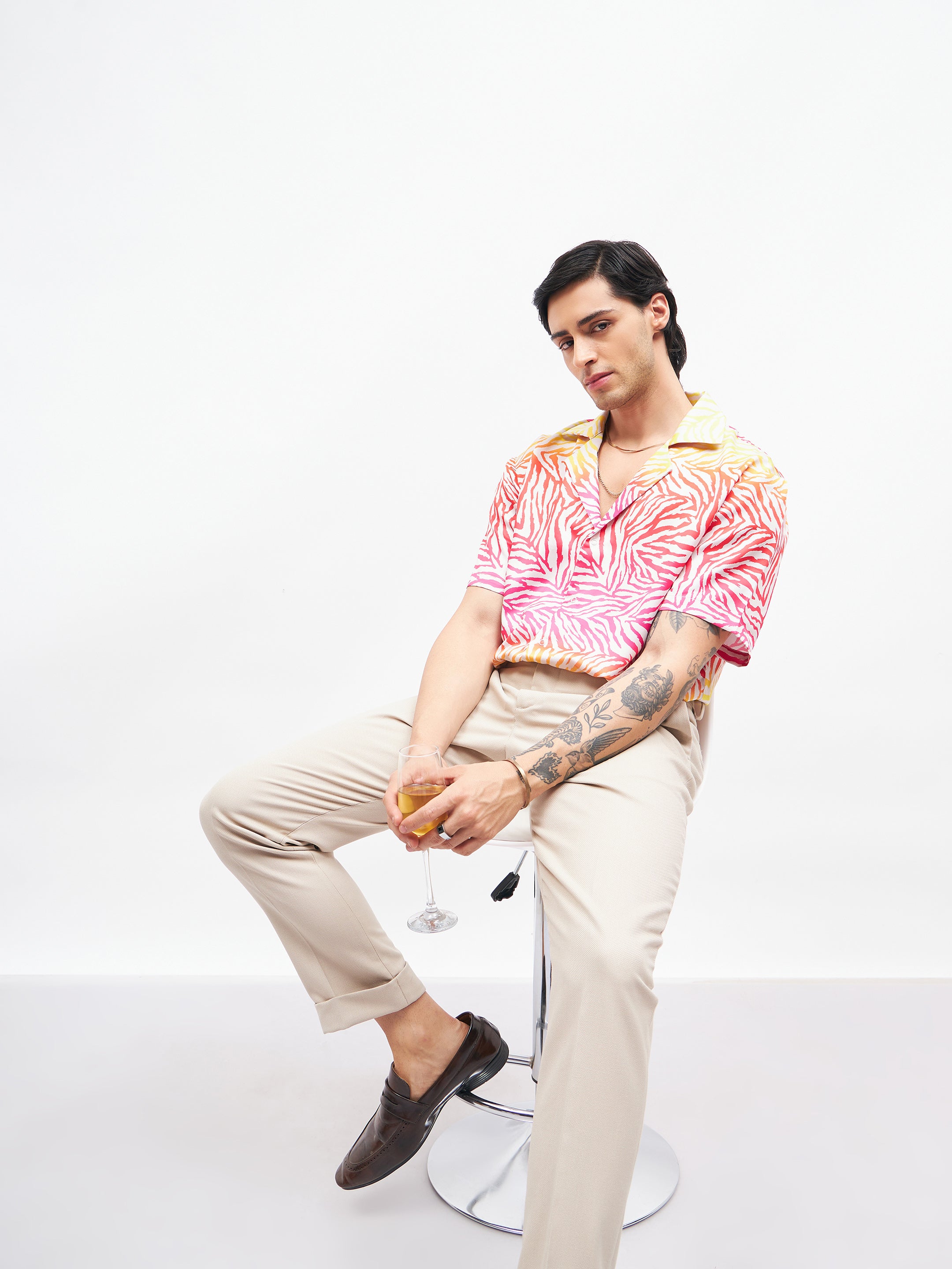 Men's Pink Zebra Short Sleeves Satin Shirt