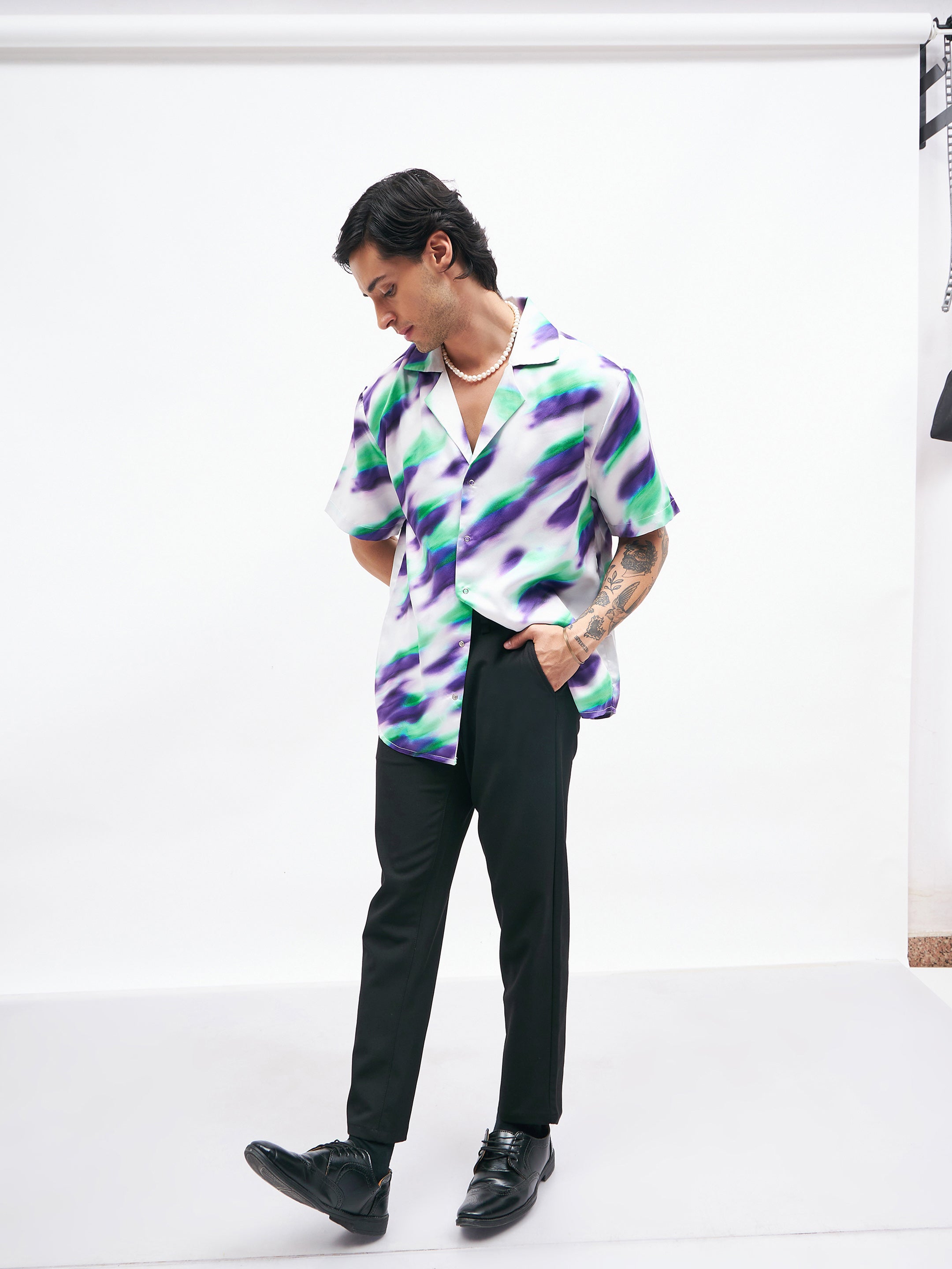 Men's White Abstract Short Sleeves Satin Shirt