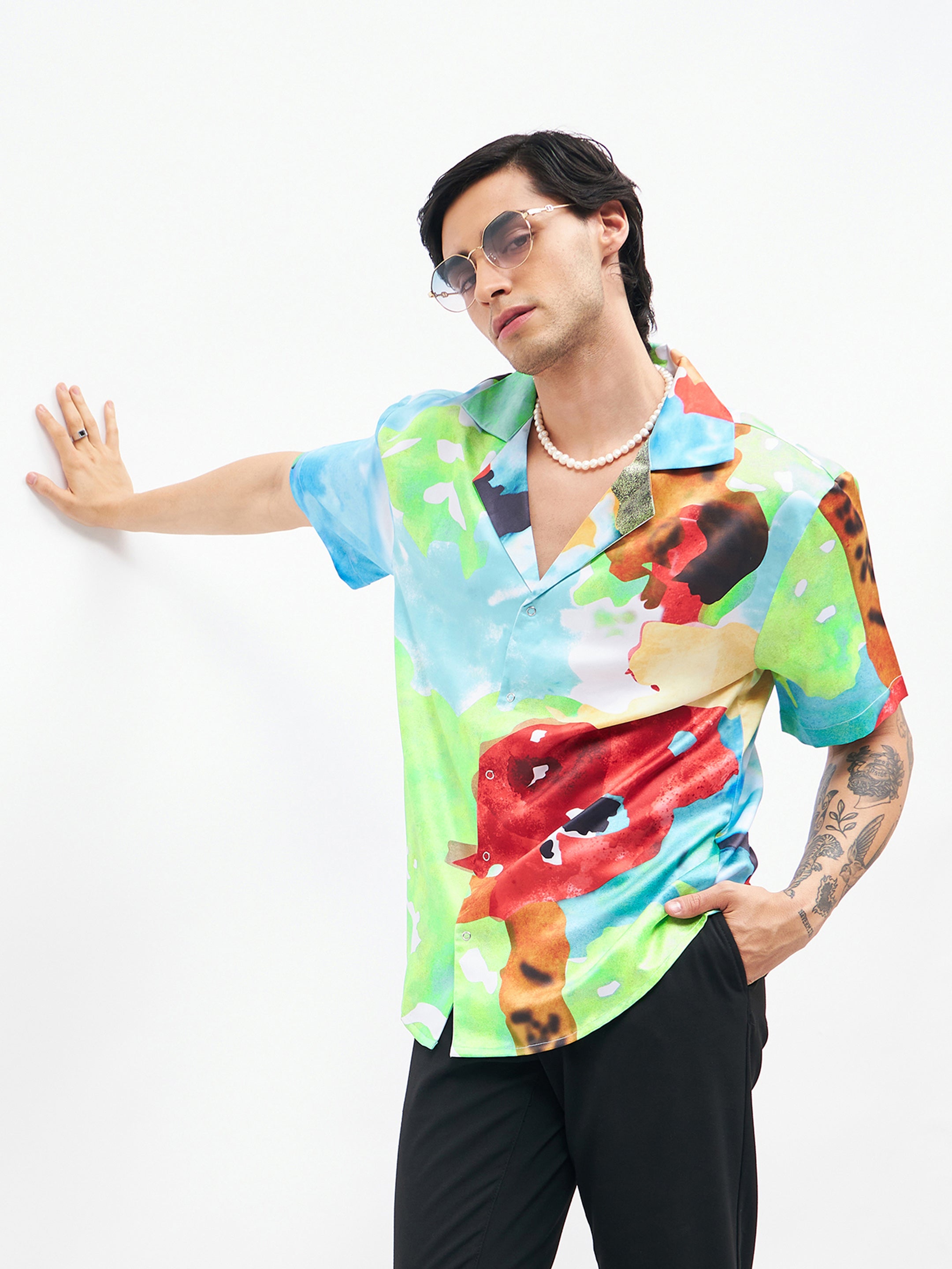 Men's Blue Art Print Short Sleeves Satin Shirt