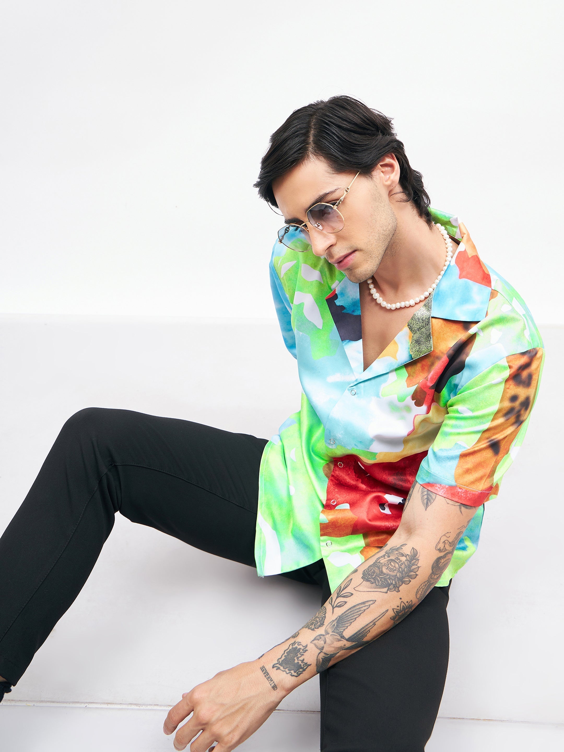 Men's Blue Art Print Short Sleeves Satin Shirt