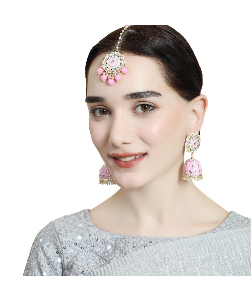 Women's Statement Gold Plated Enameled Pink Color Kundan and Pearl Studded Maangtika and Jhumka Earring Set