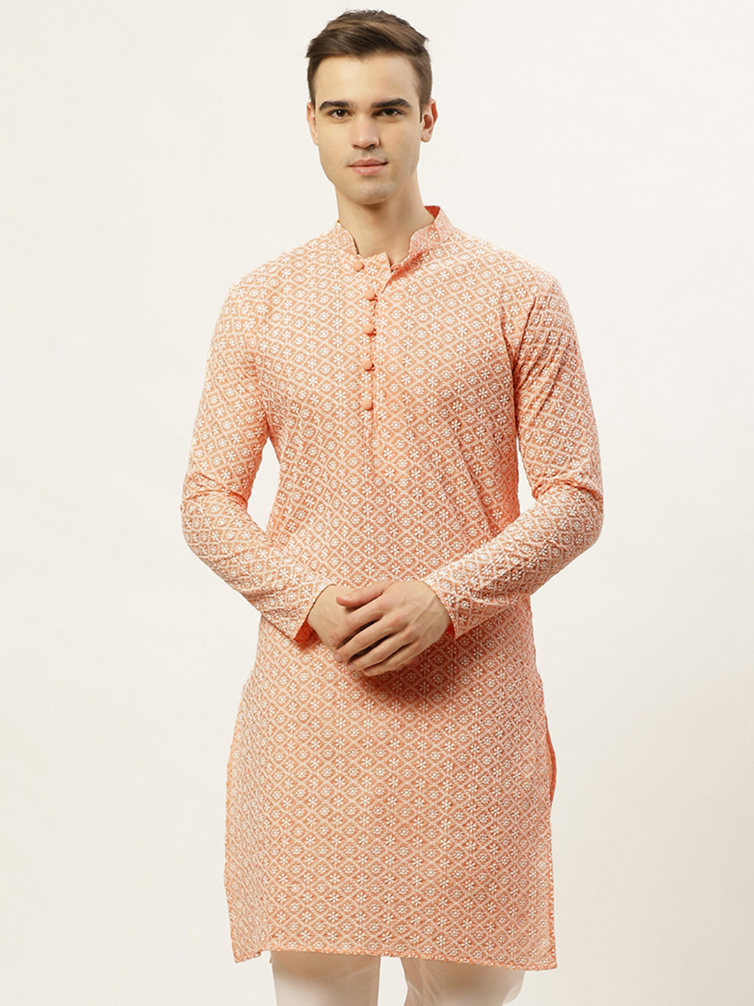 Men's Orange Embroidered Kurta Only ( KO 626 Orange )