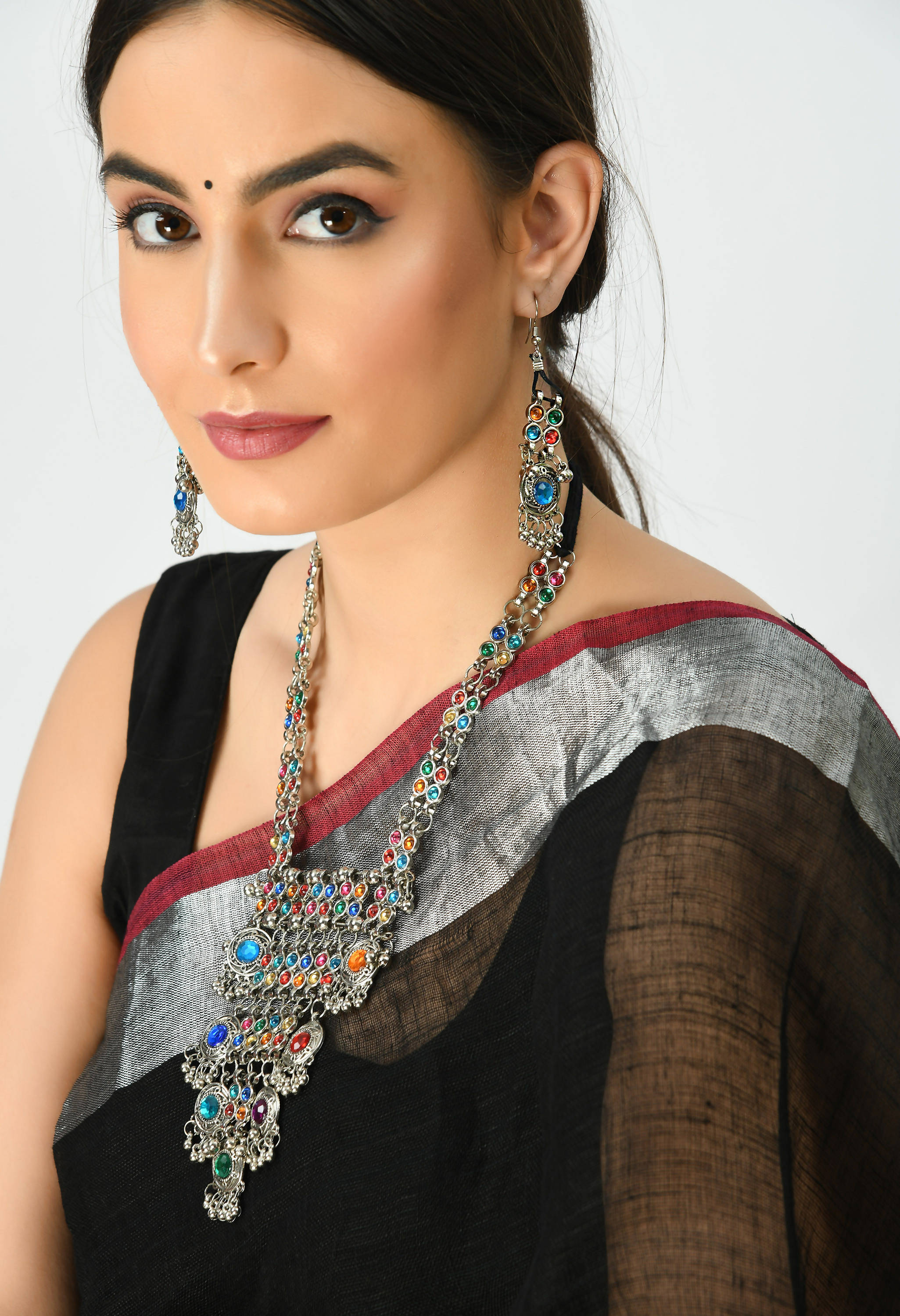Kamal Johar Silver-Plated Multi Color Kundan Necklace with Ear