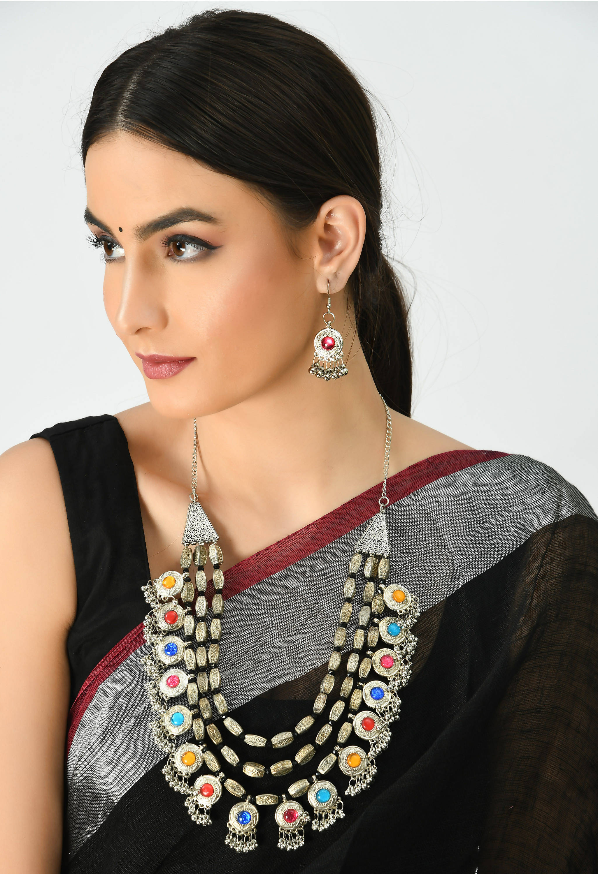 Kamal Johar Traditional Multi colour Stone Necklace with Ear