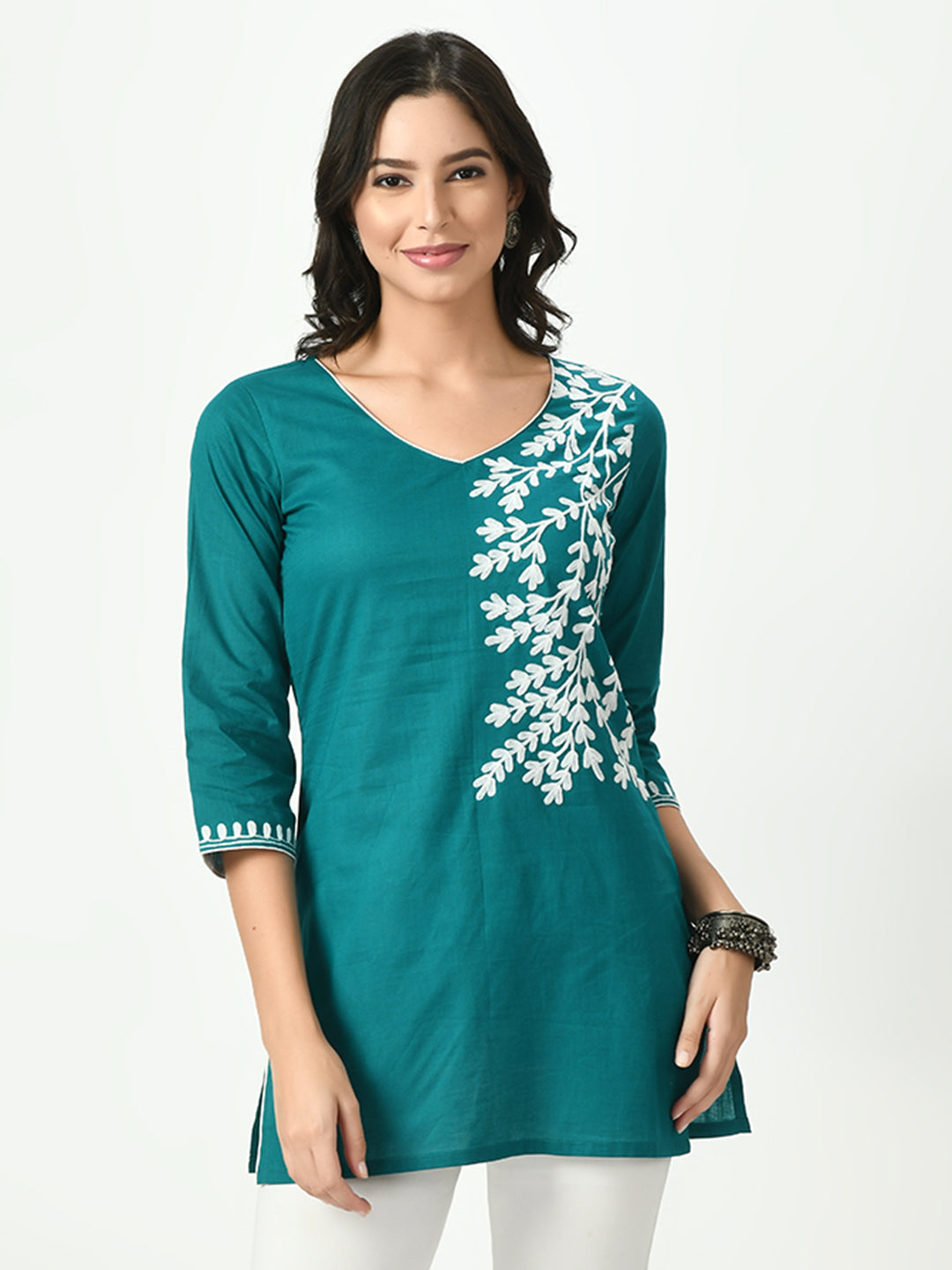 Women's Green Embroidered Short Kurti