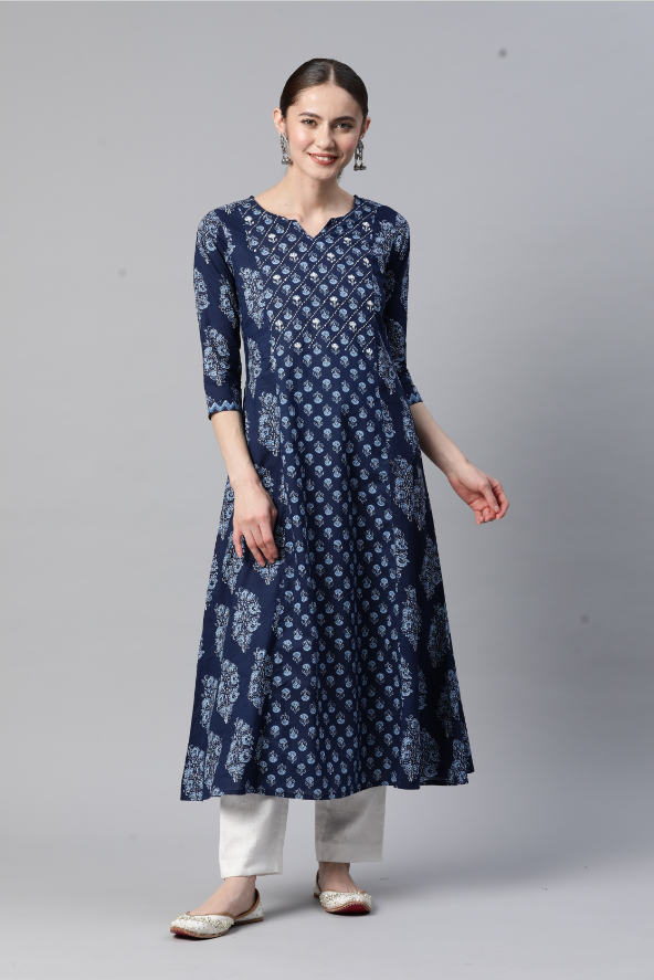 Women's Print & Hand Work A-Line Cotton Blue Stitched Kurta