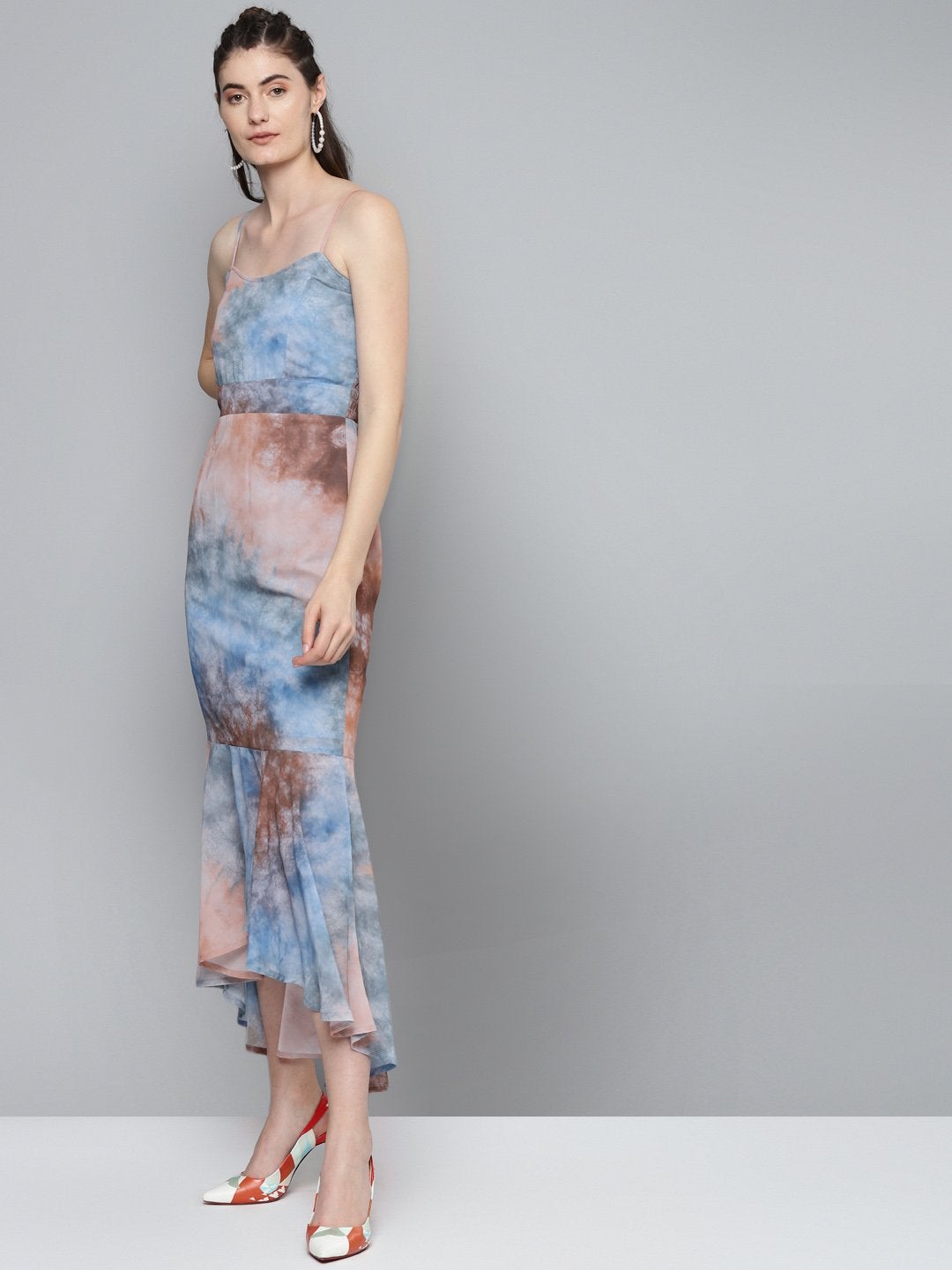 Women's Blue & Brown Tie-Dye Print Strappy Maxi