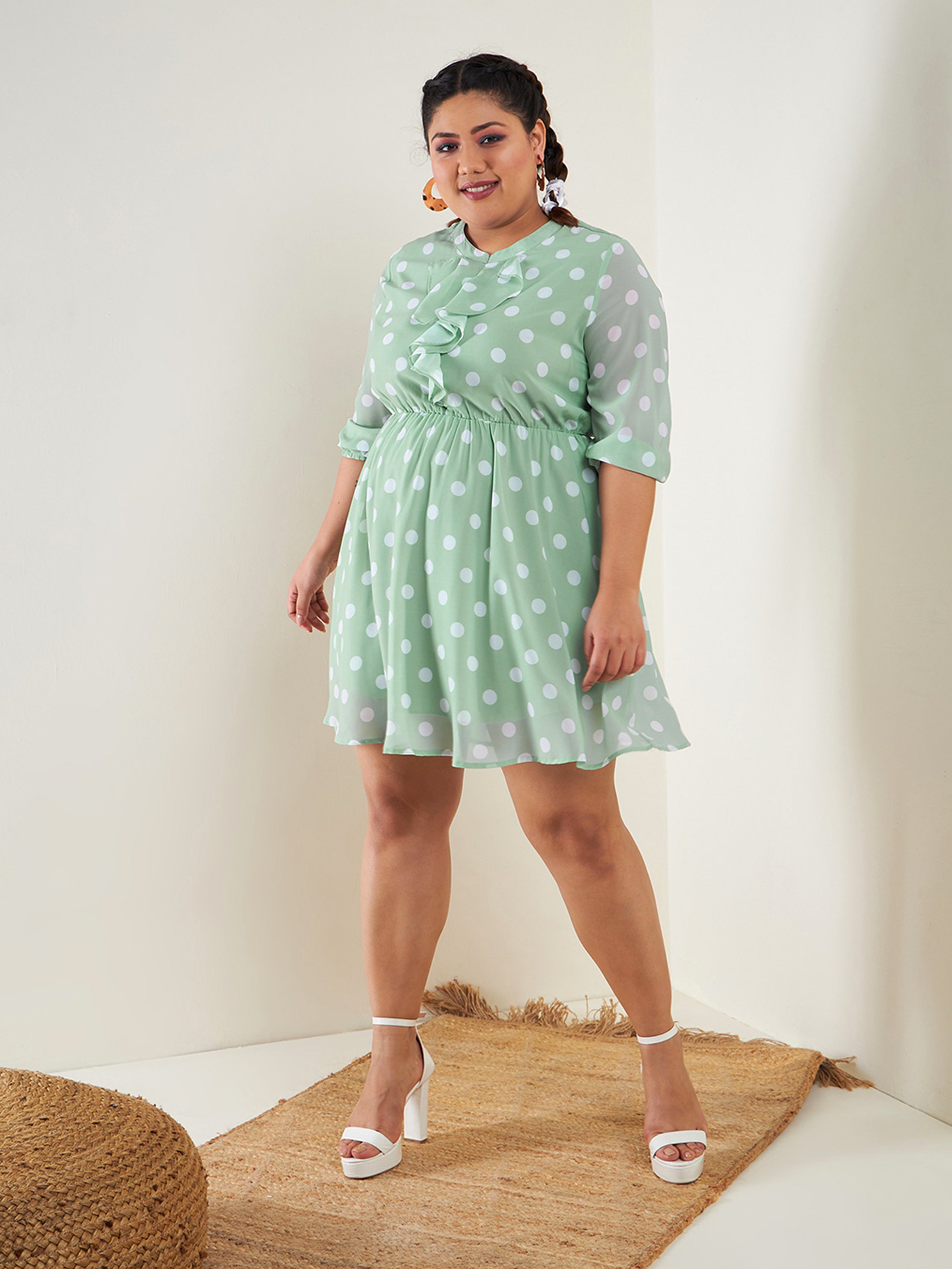 Women's Sea Green Polka Dot Fit & Flare Ruffle Dress