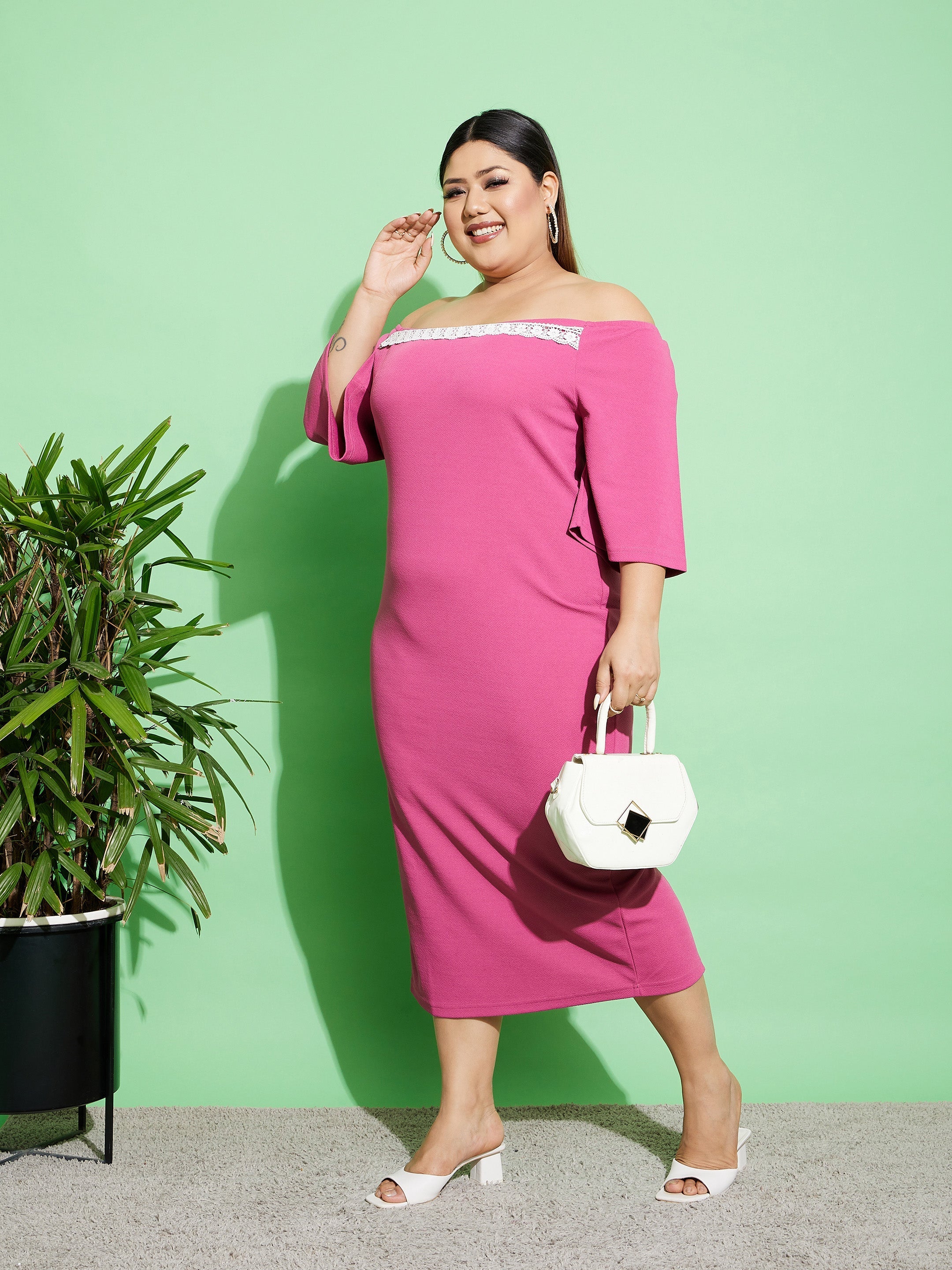 Women's Pink Off Shoulder Bodycon Midi Dress