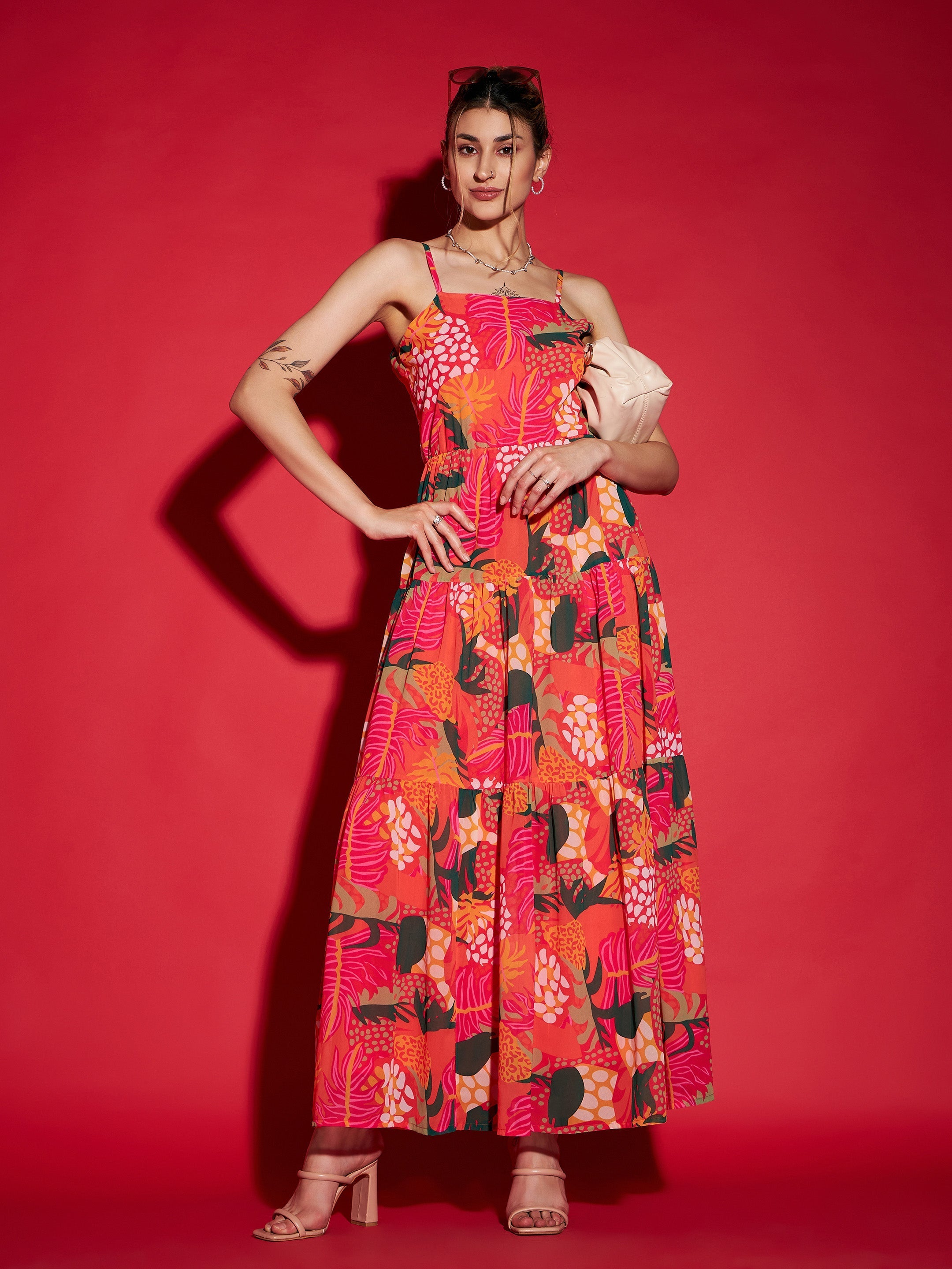 Women's Pink Floral Strappy Tiered Maxi Dress