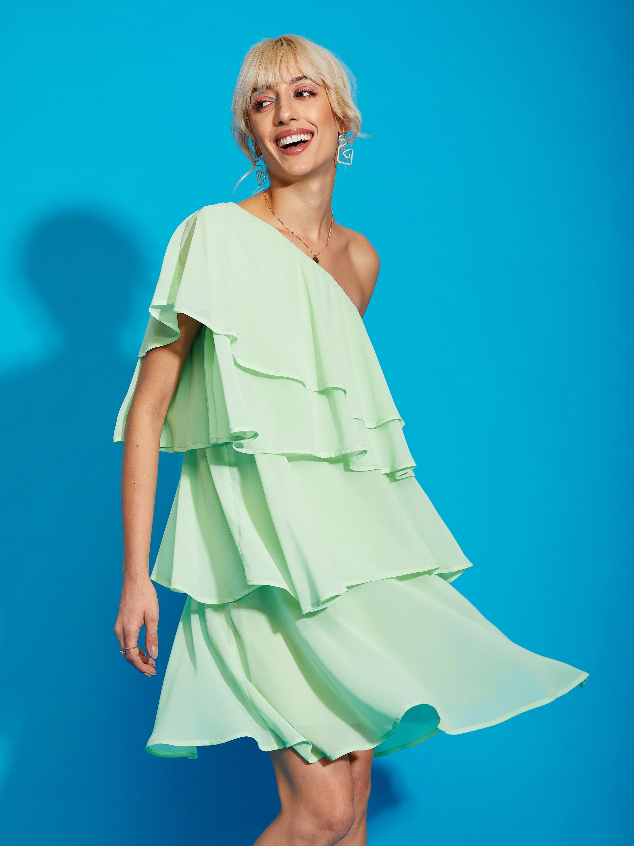 Women's Pista Green One Shoulder Layered Short Dress