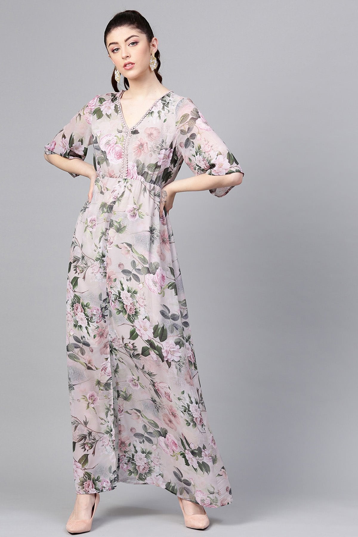 Women's Pista Green Floral V-Neck Maxi