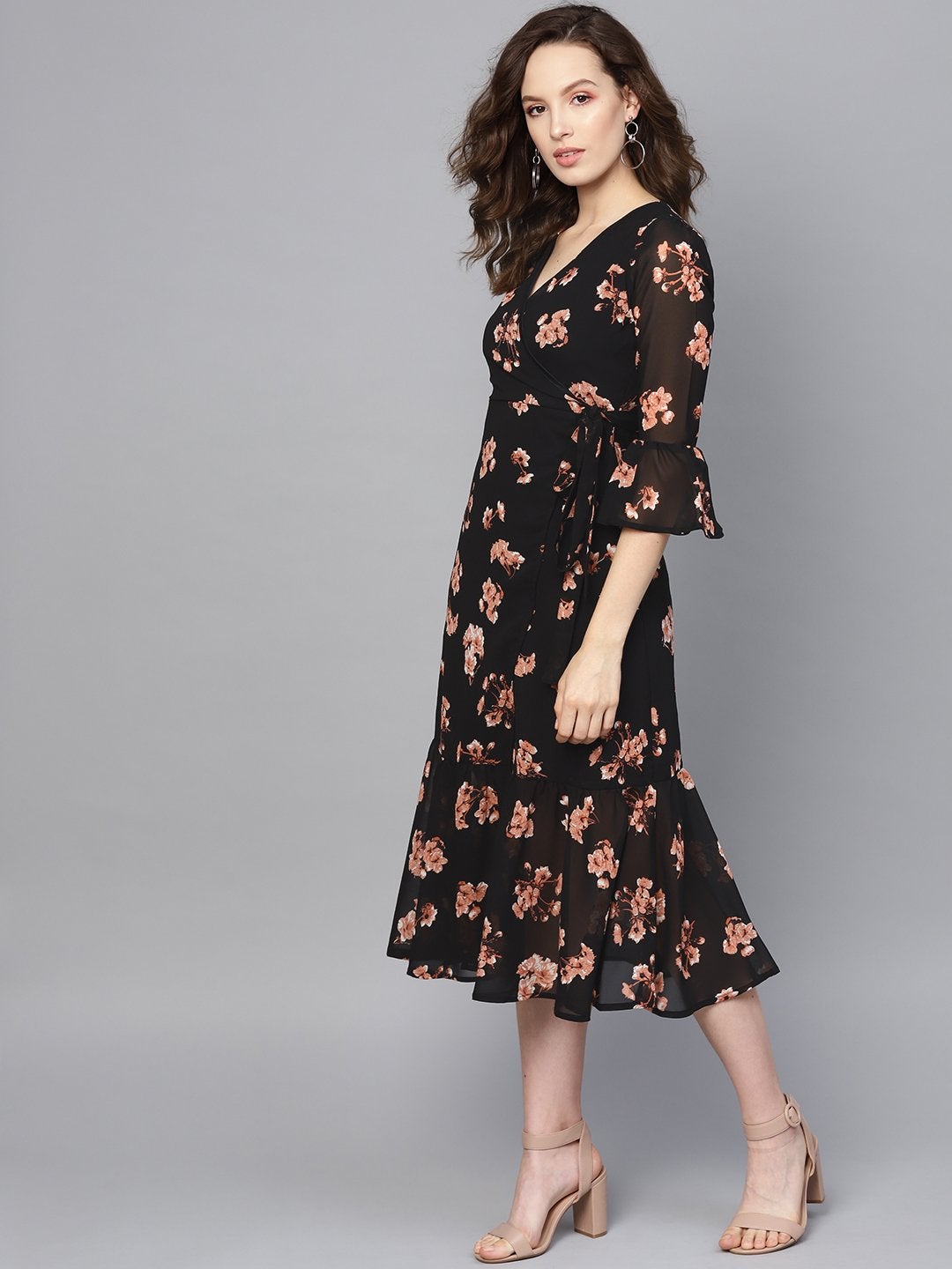 Women's Black Floral Wrap Tie Dress