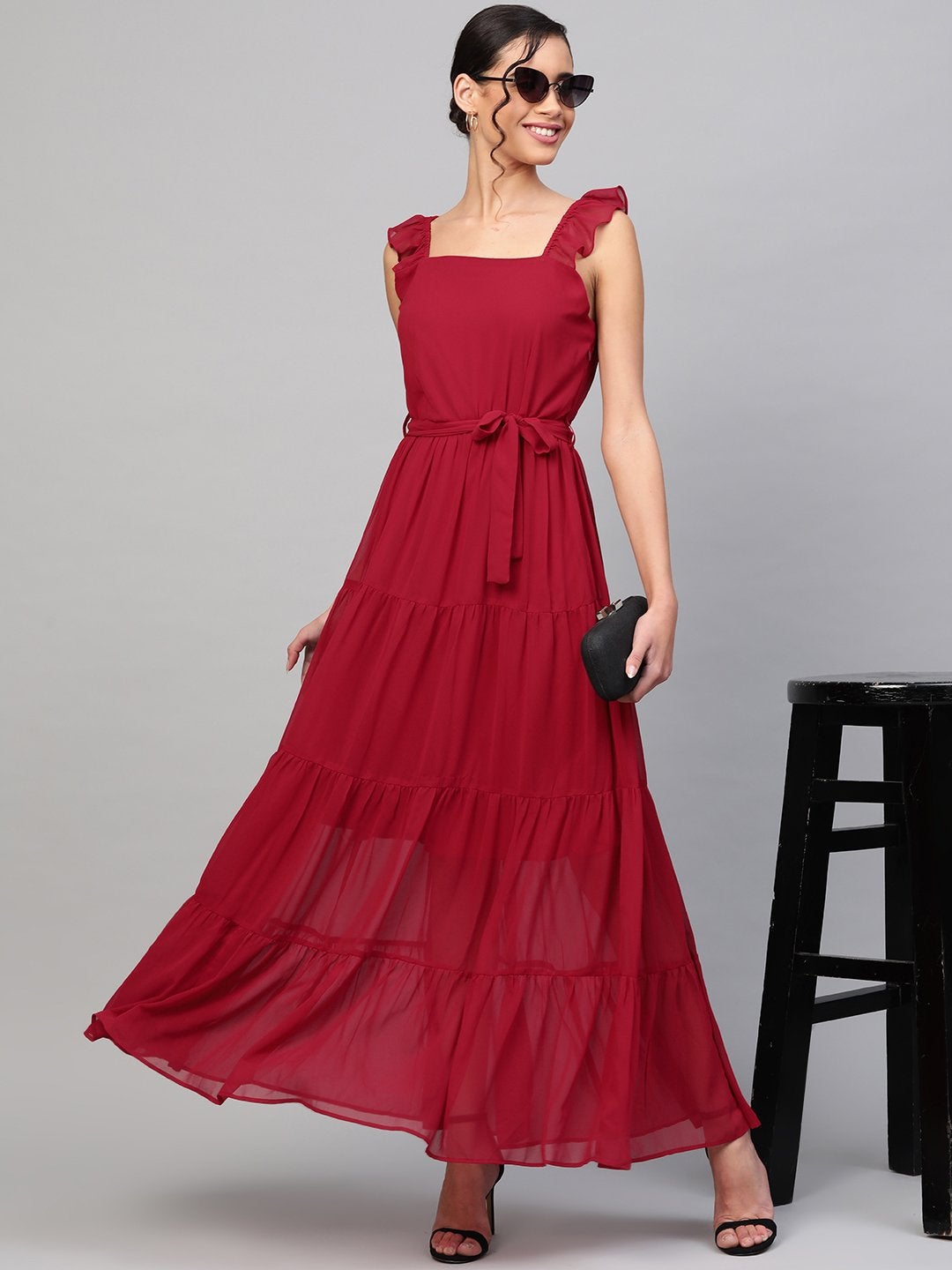 Women's Red Strappy Frill Tiered Maxi