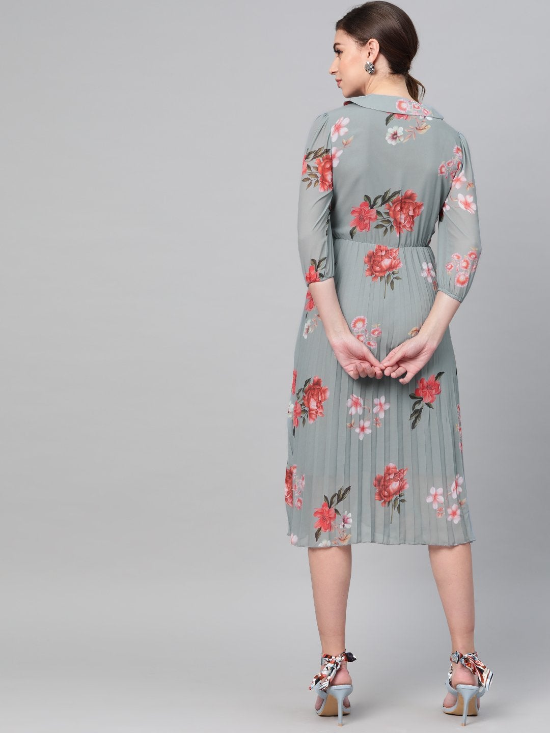 Women's Steel Blue Floral Peterpan Collar Pleated Dress