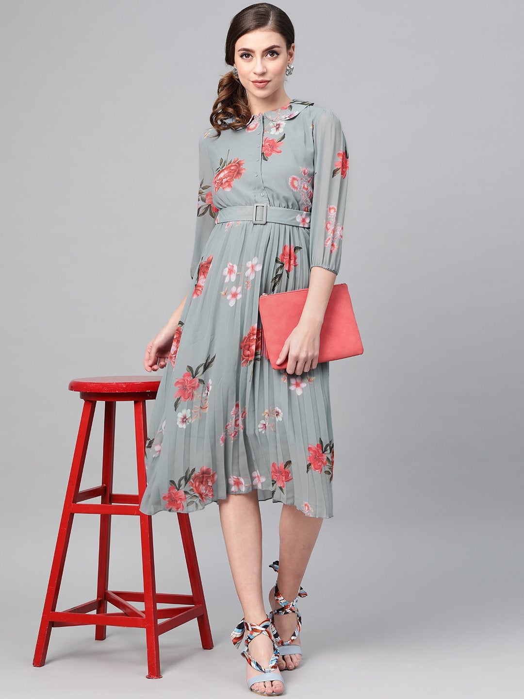 Women's Steel Blue Floral Peterpan Collar Pleated Dress