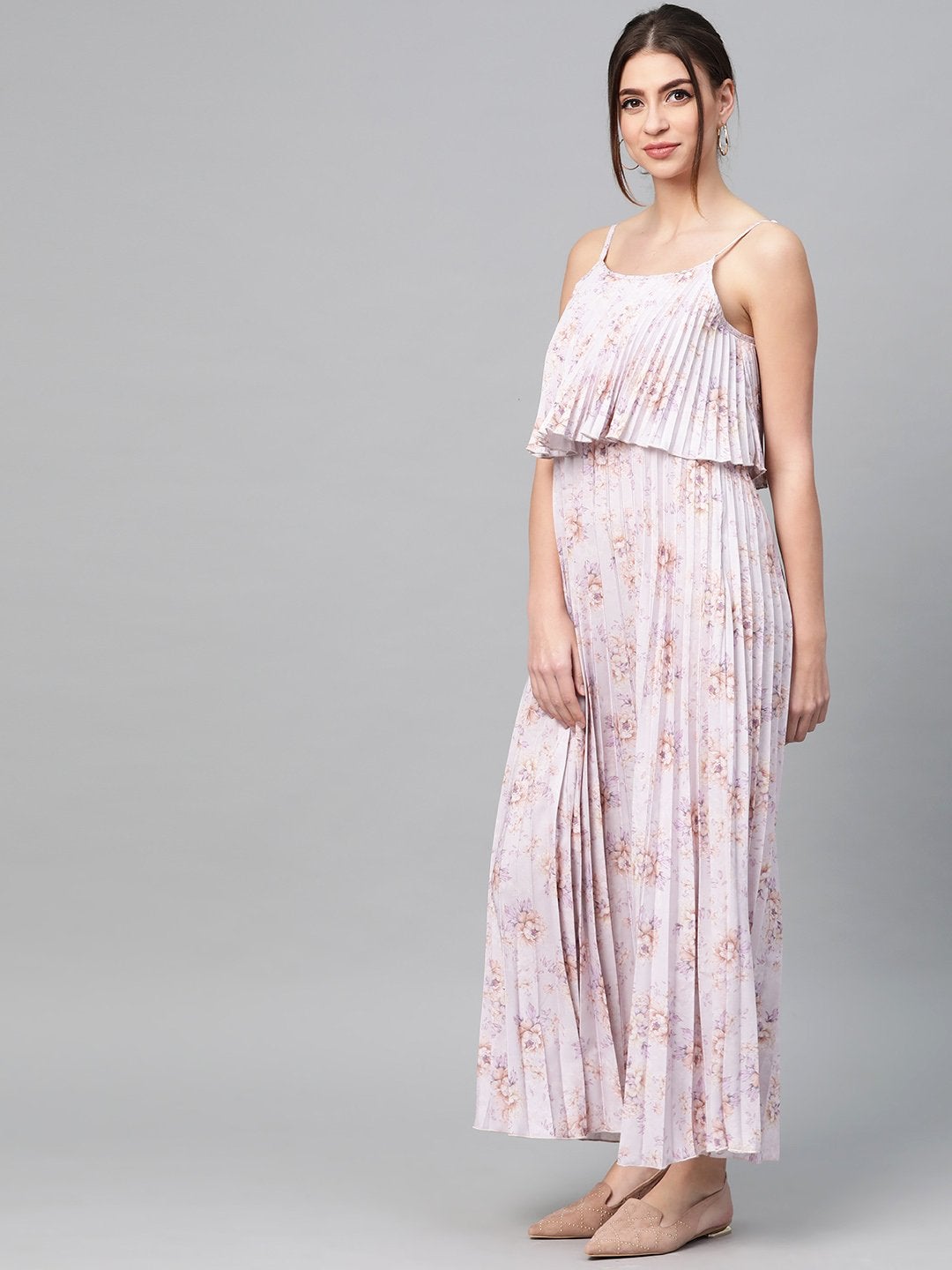 Women's Lavender Floral Strappy Pleated Maxi Dress