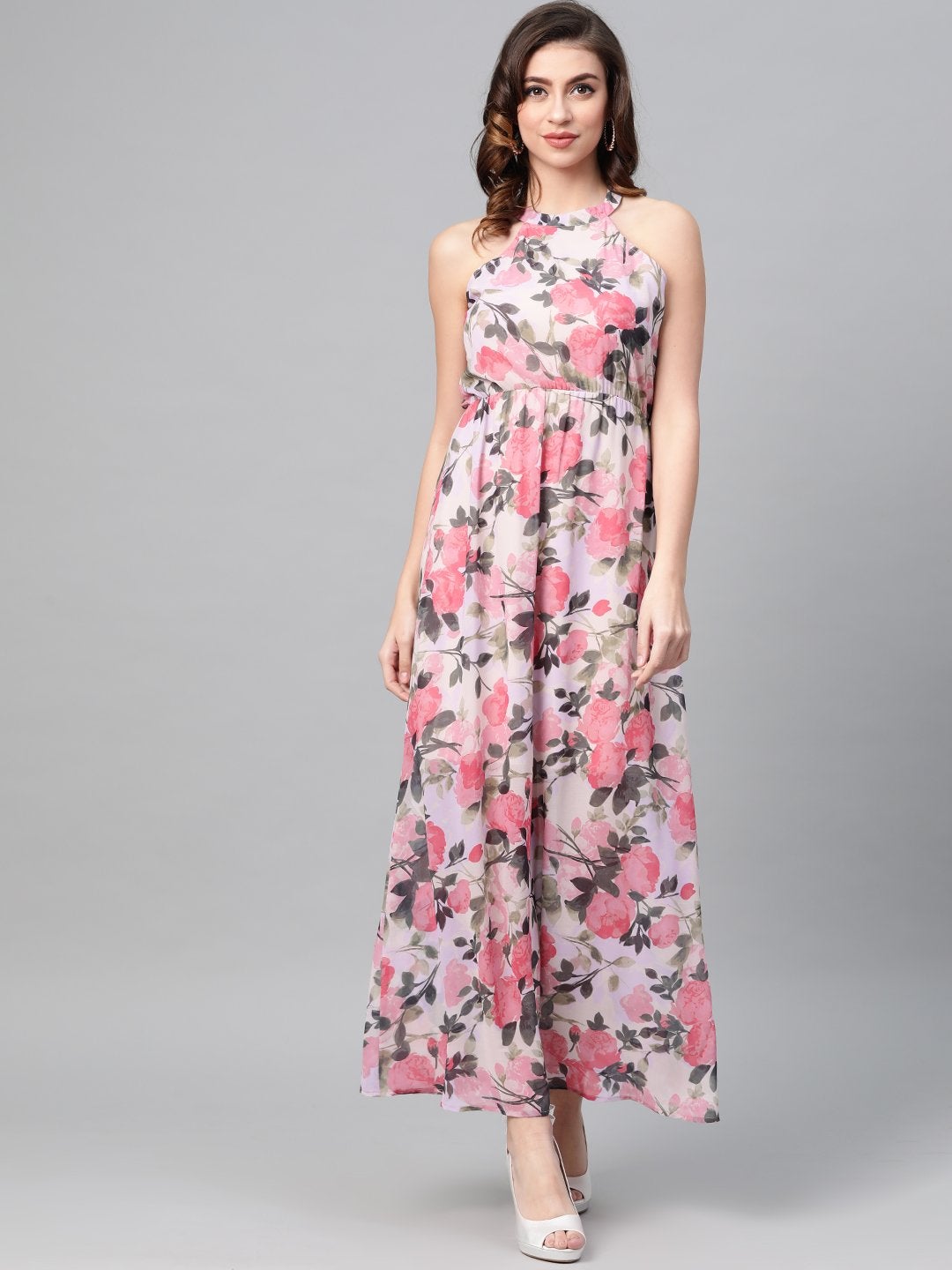 Women's Beige Floral Halter Neck Maxi Dress