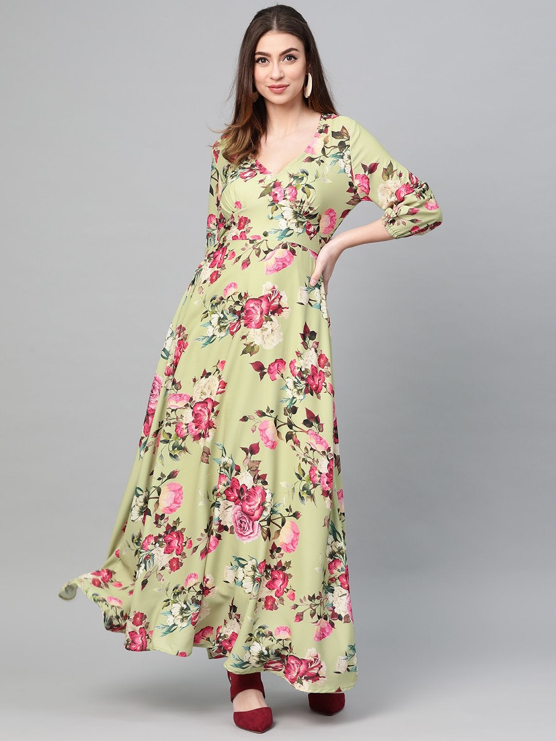 Women's Green Floral Flared Maxi Dress