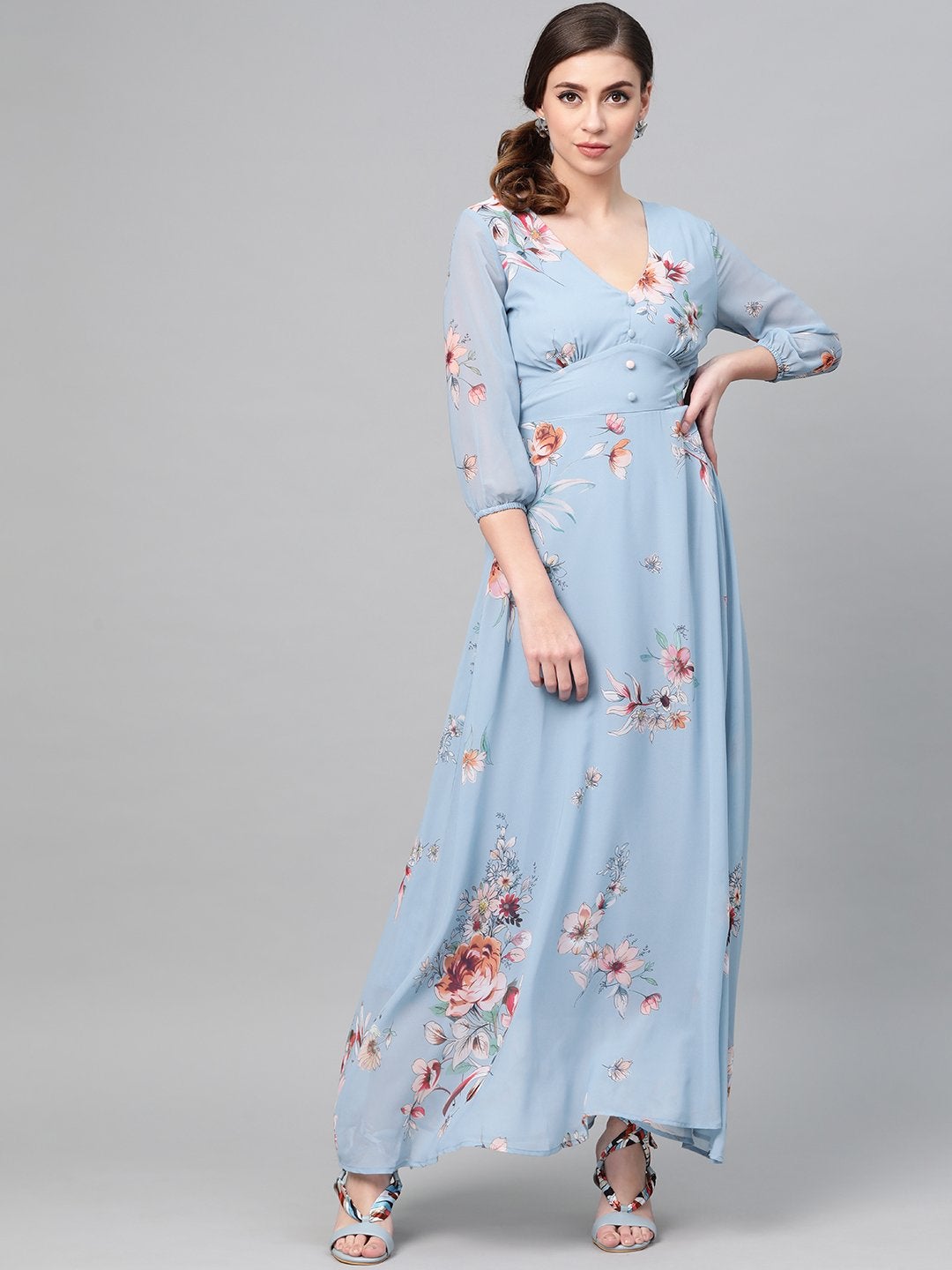 Women's Pale Blue Floral Flared Maxi Dress