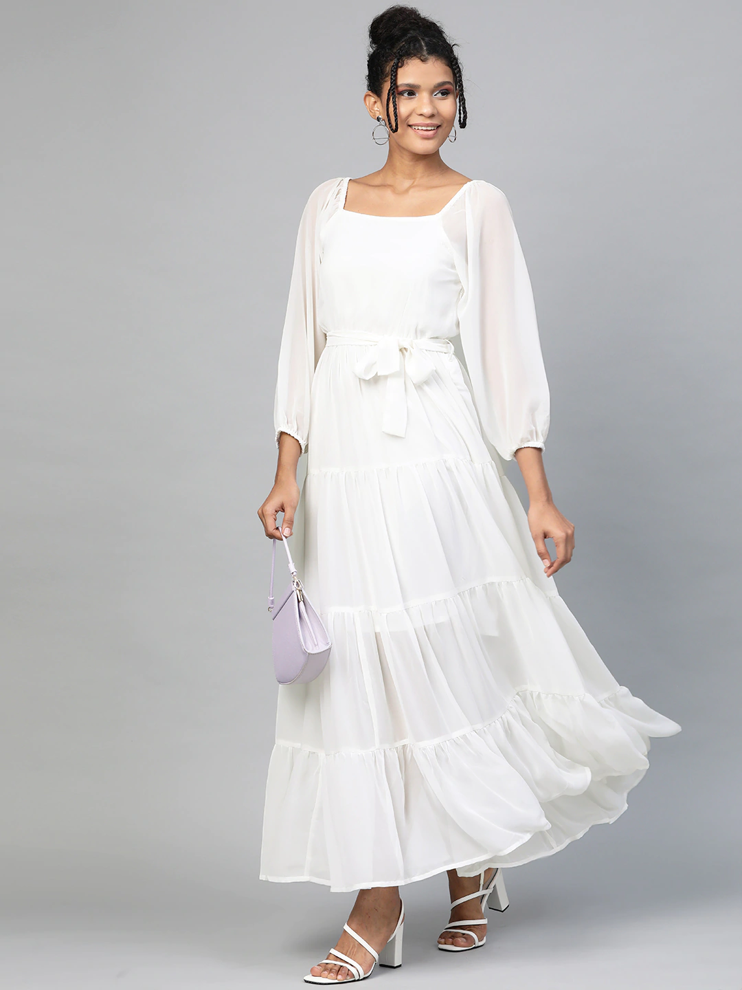 Women's White Square Neck Tiered Maxi Dress