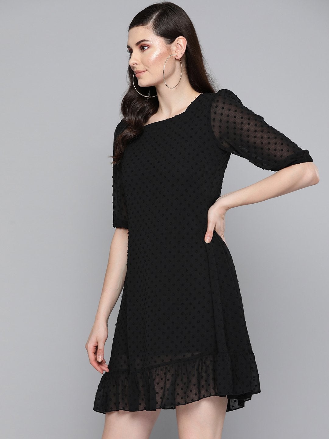 Women's Black Dobby Frill Hem Short Dress