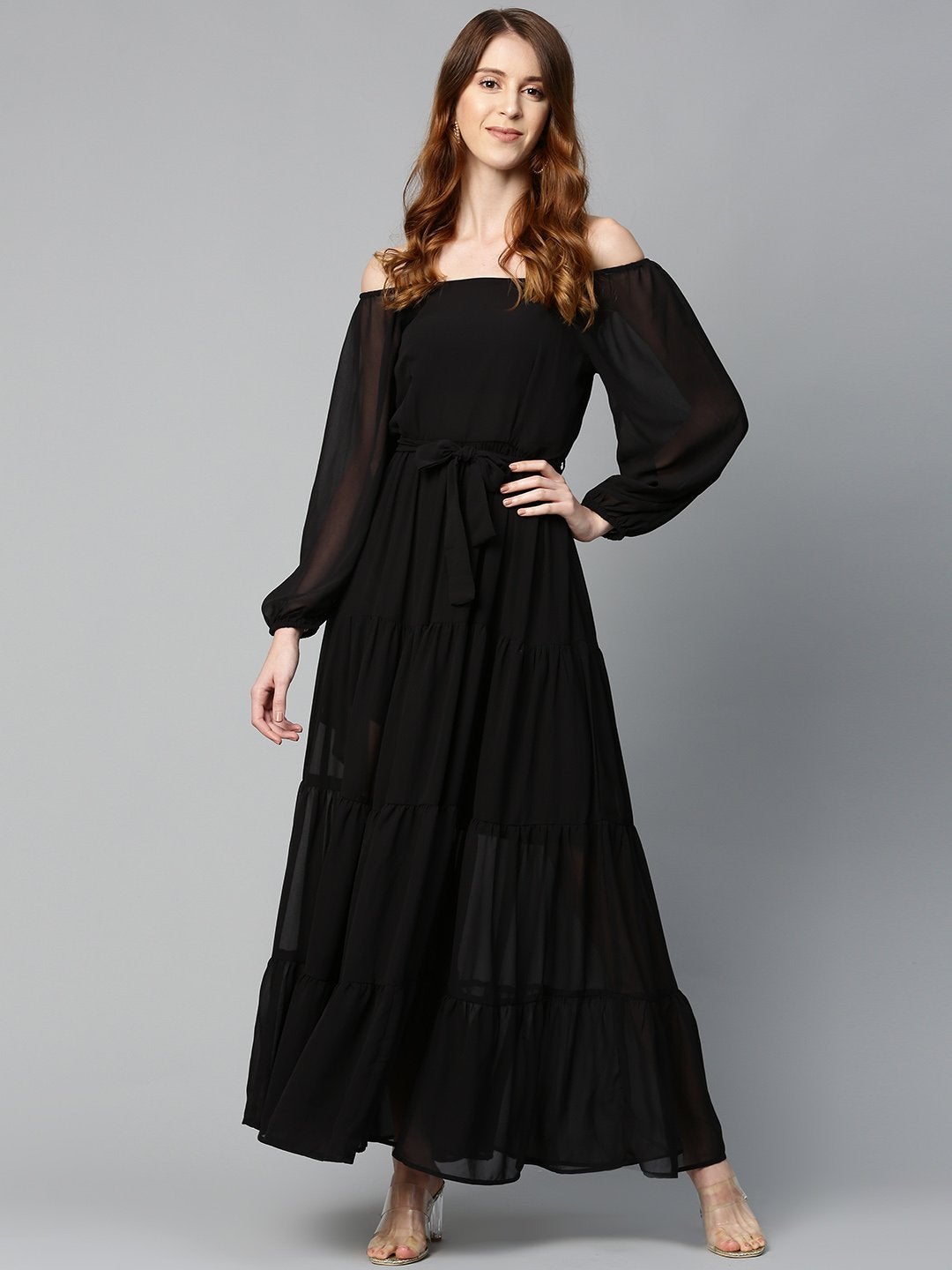 Women's Black Square Neck Tiered Maxi Dress